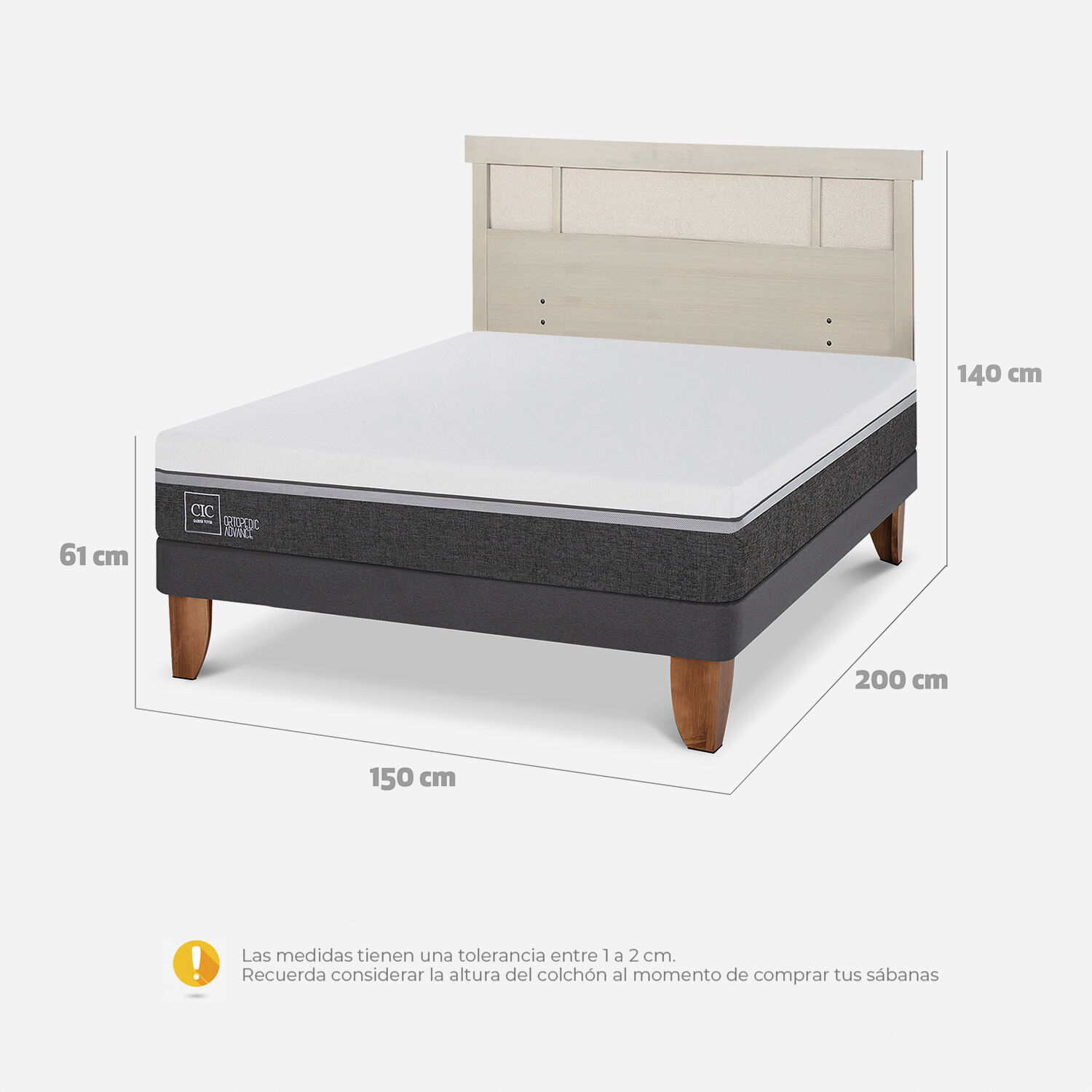 Cama Europea 2 Plazas Ortopedic Advance Base Normal + Respaldo Dublín Alpino