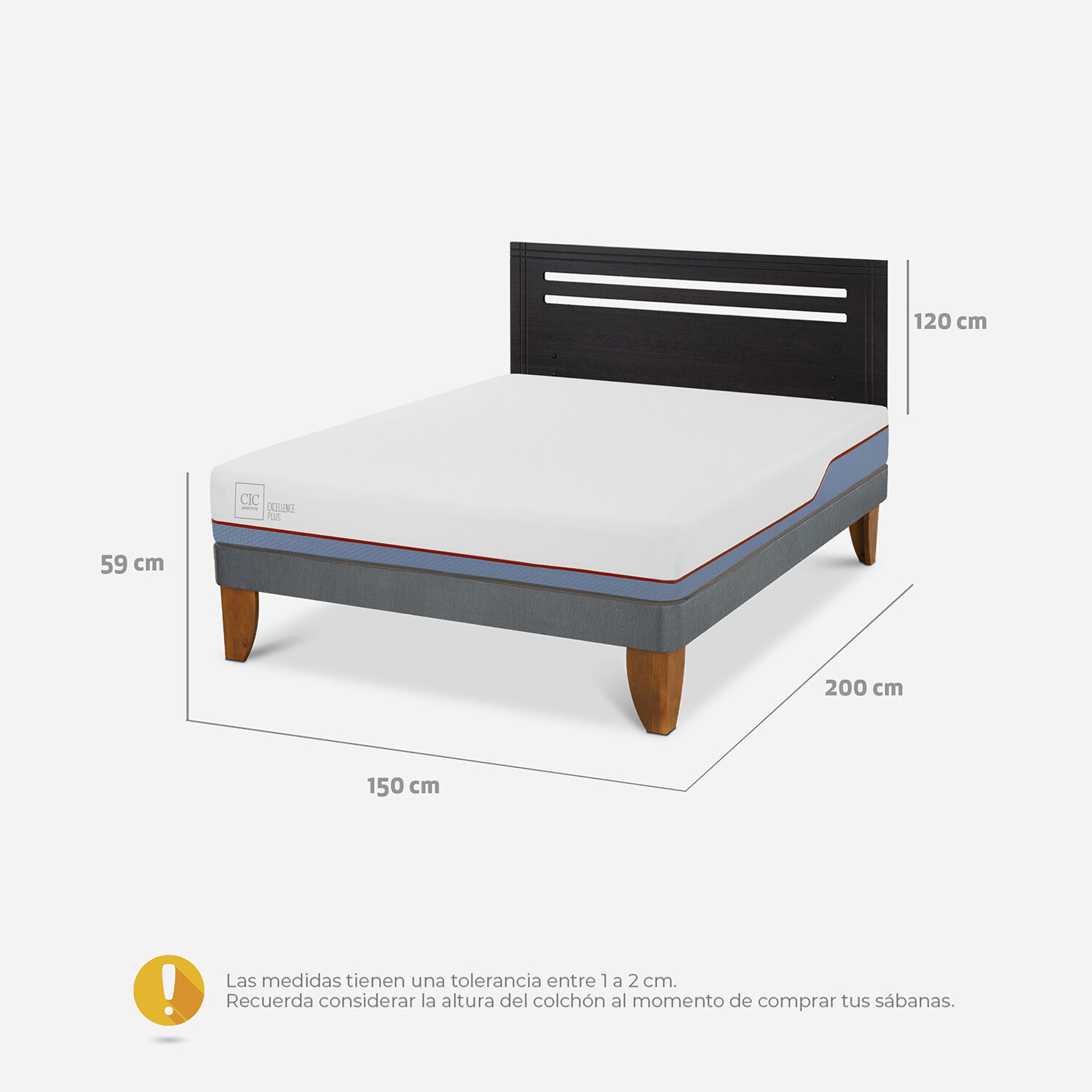 Cama Europea 2 Plazas Excellence Plus Base Normal + Respaldo Múnich Negro