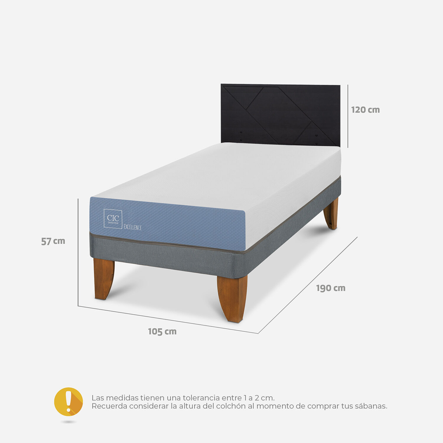 Cama Europea 1,5 Plazas Excellence + Respaldo Villarrica Negro