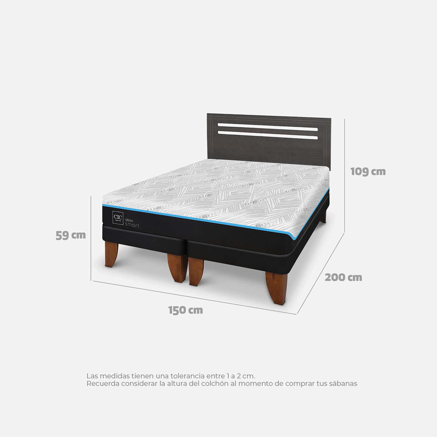 Cama Europea 2 Plazas Green Infinity Respaldo M&uacute;nich Gris