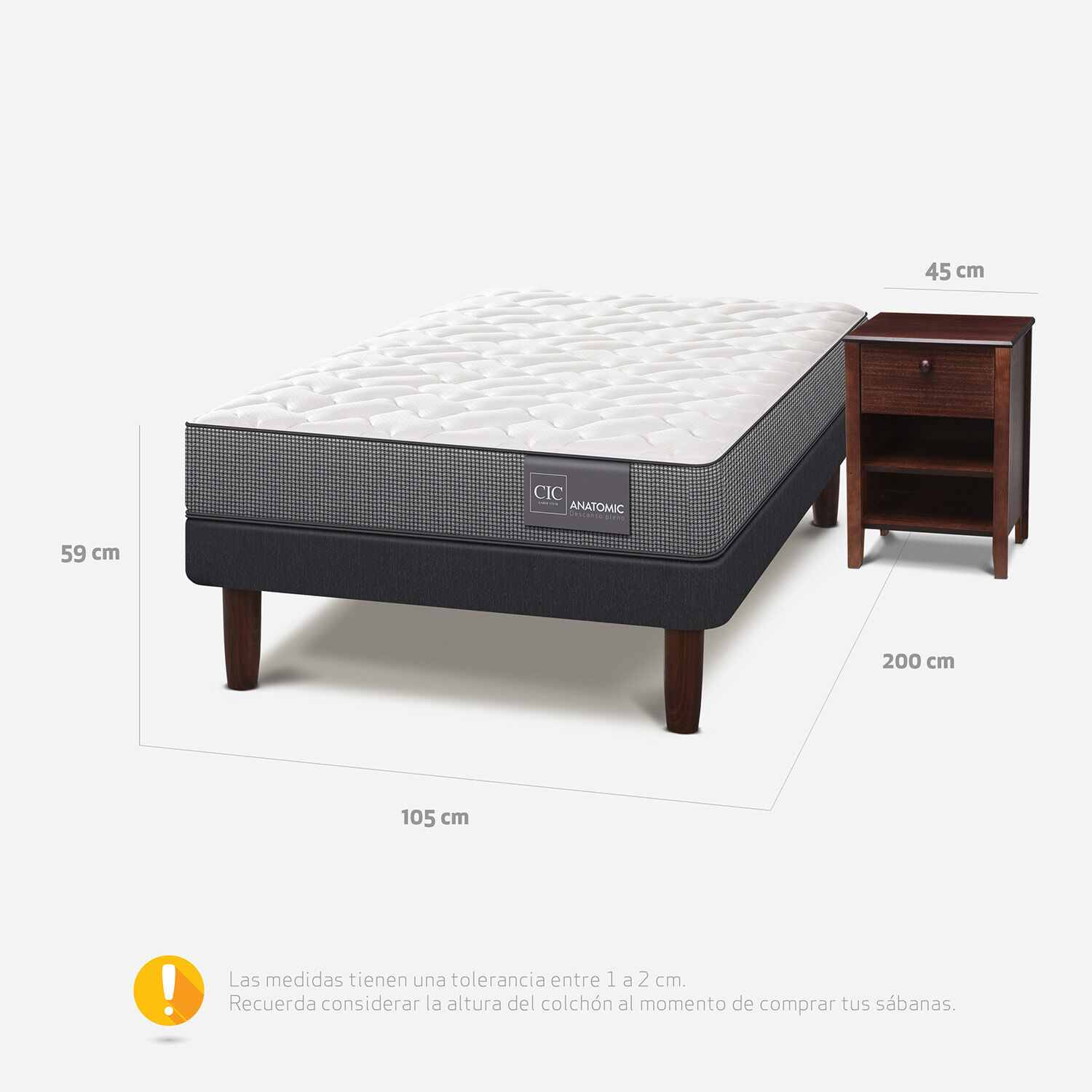 Cama Europea 1,5 Plazas Anatomic + Velador Torino Chocolate