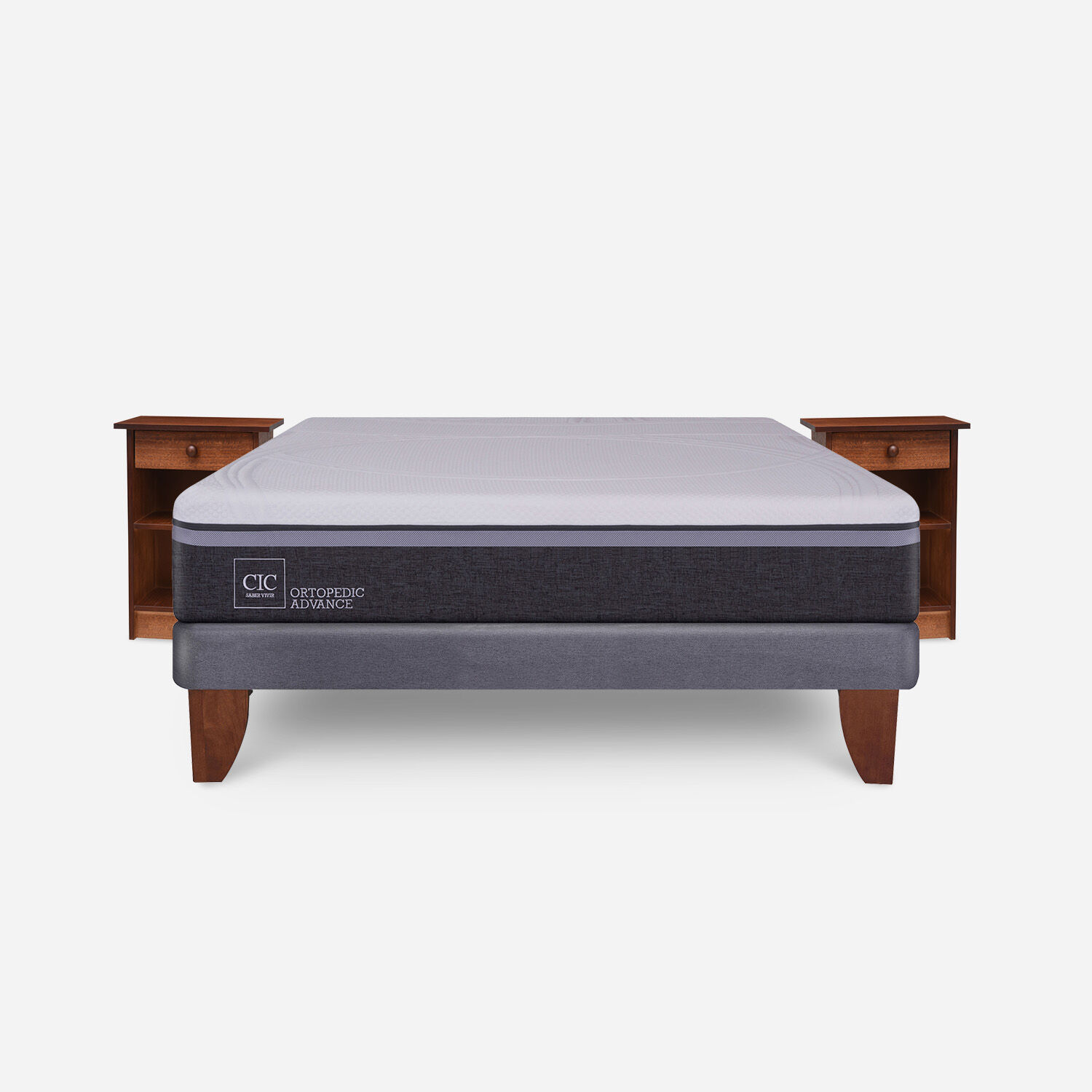 Cama Europea 2 Plazas Ortopedic Advance Base Normal + Veladores Dubl&iacute;n Caramel