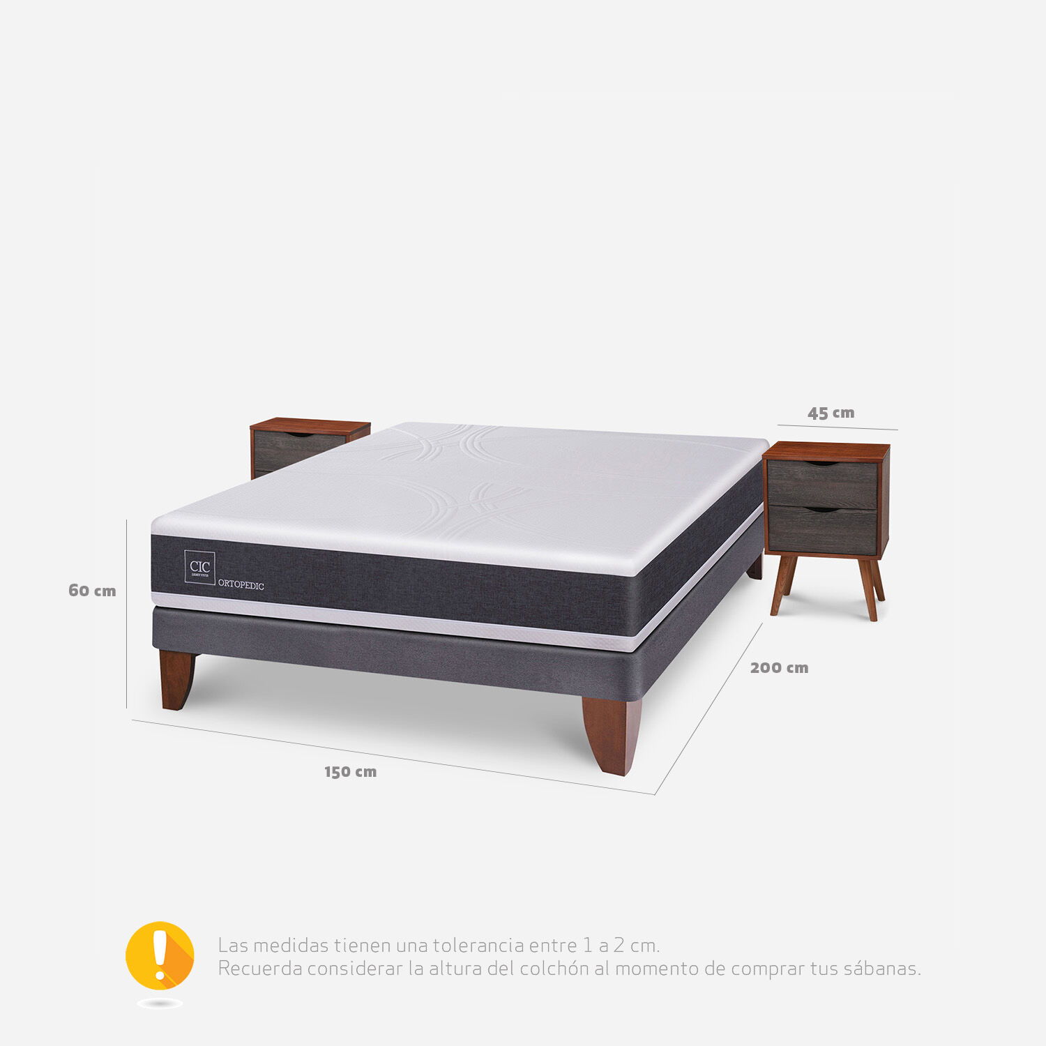 Cama Europea 2 Plazas Base Normal Ortopedic + Veladores Níger