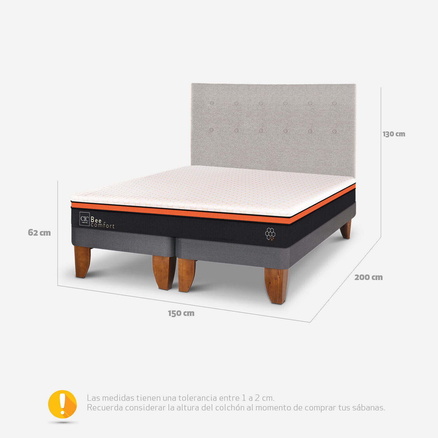 Cama Europea 2 Plazas Bee Comfort Base Dividida + Respaldo Tigris