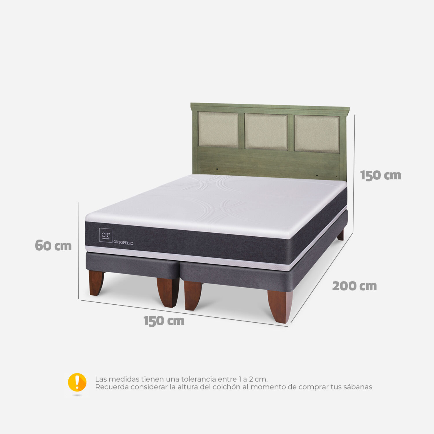 Cama Europea 2 Plazas Ortopedic Base Dividida + Respaldo Torino Olivo
