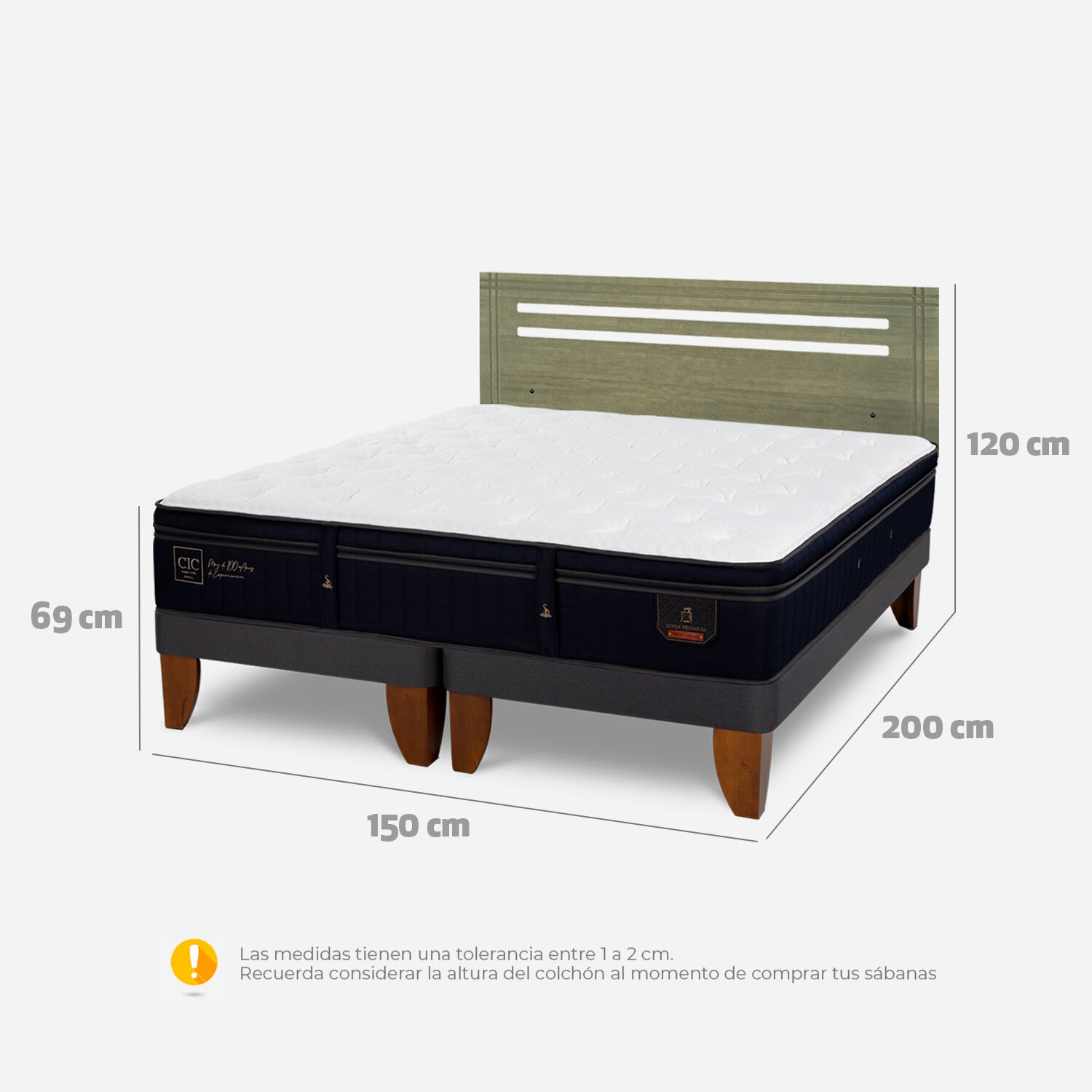 Cama Europea 2 Plazas Super Premium Base Dividida + Respaldo Múnich Olivo
