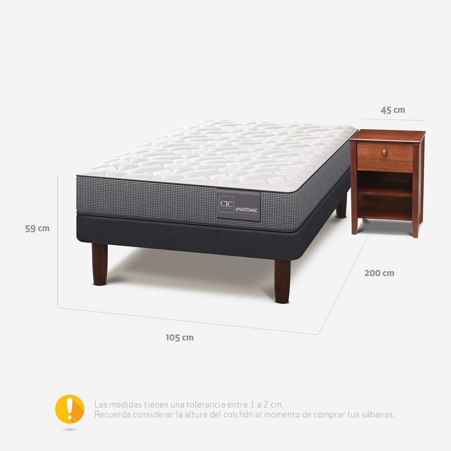 Cama Europea 1,5 Plazas Anatomic + Velador Torino Caramel
