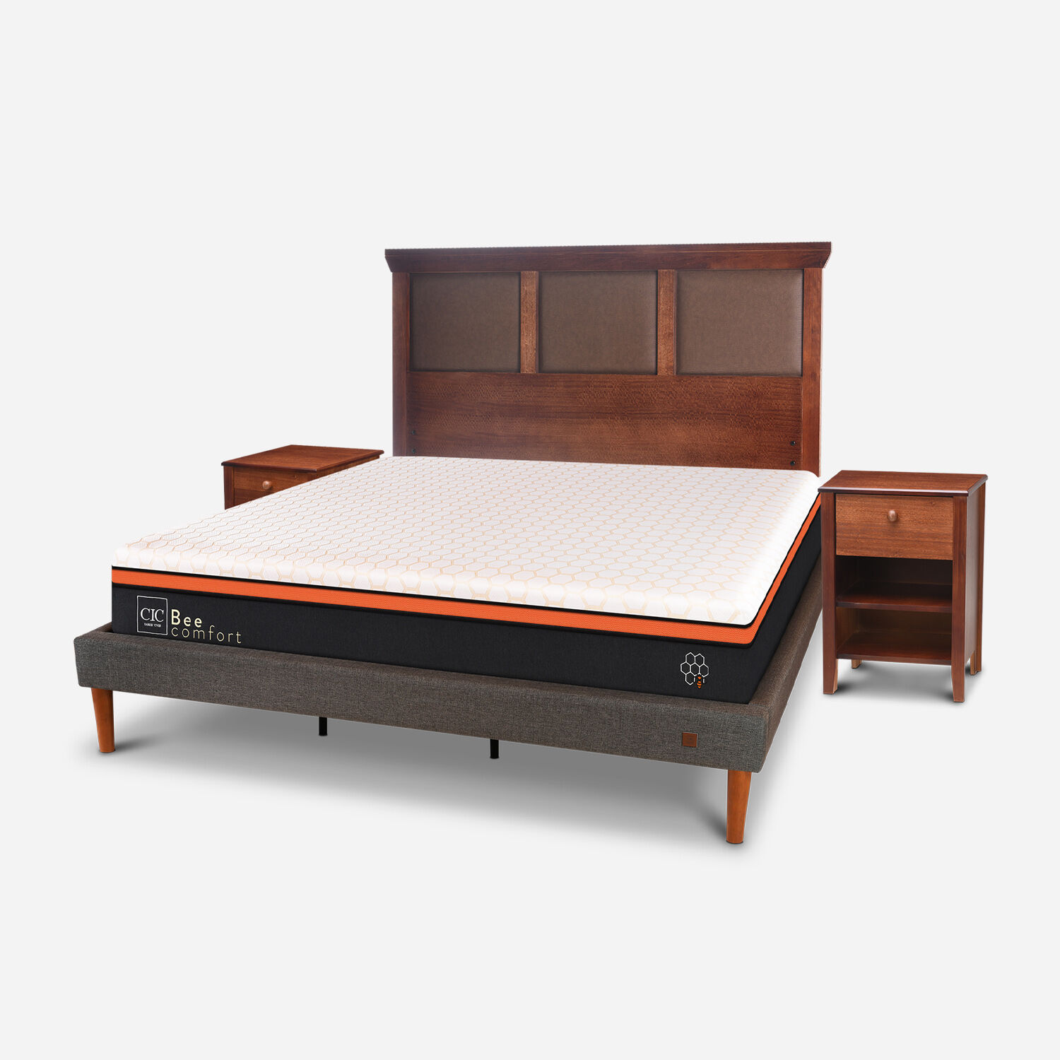 Cama Europea Curve King Bee Comfort + Set Torino Caramel