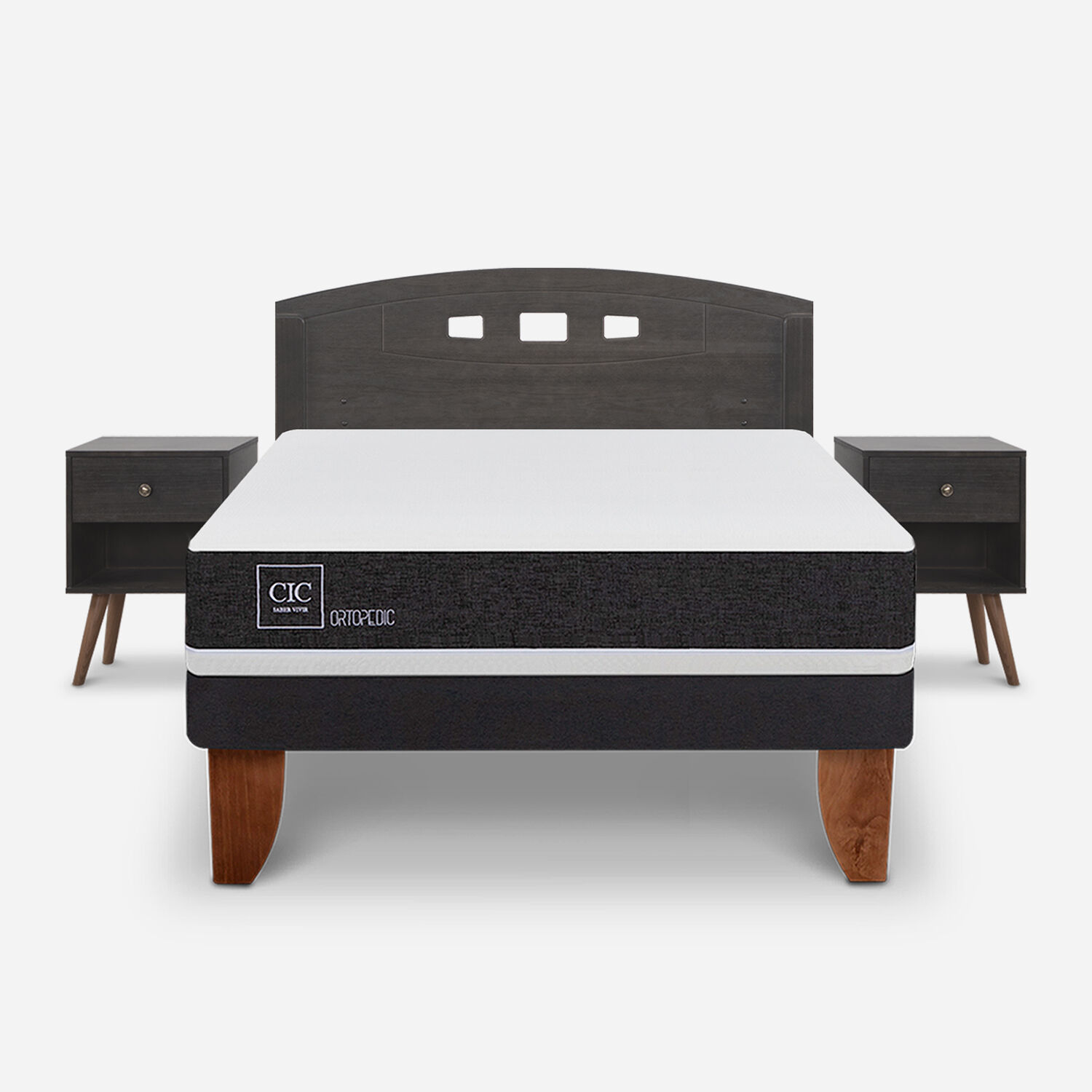 Cama Europea 2 Plazas Ortopedic Base Normal + Set Gales Gris