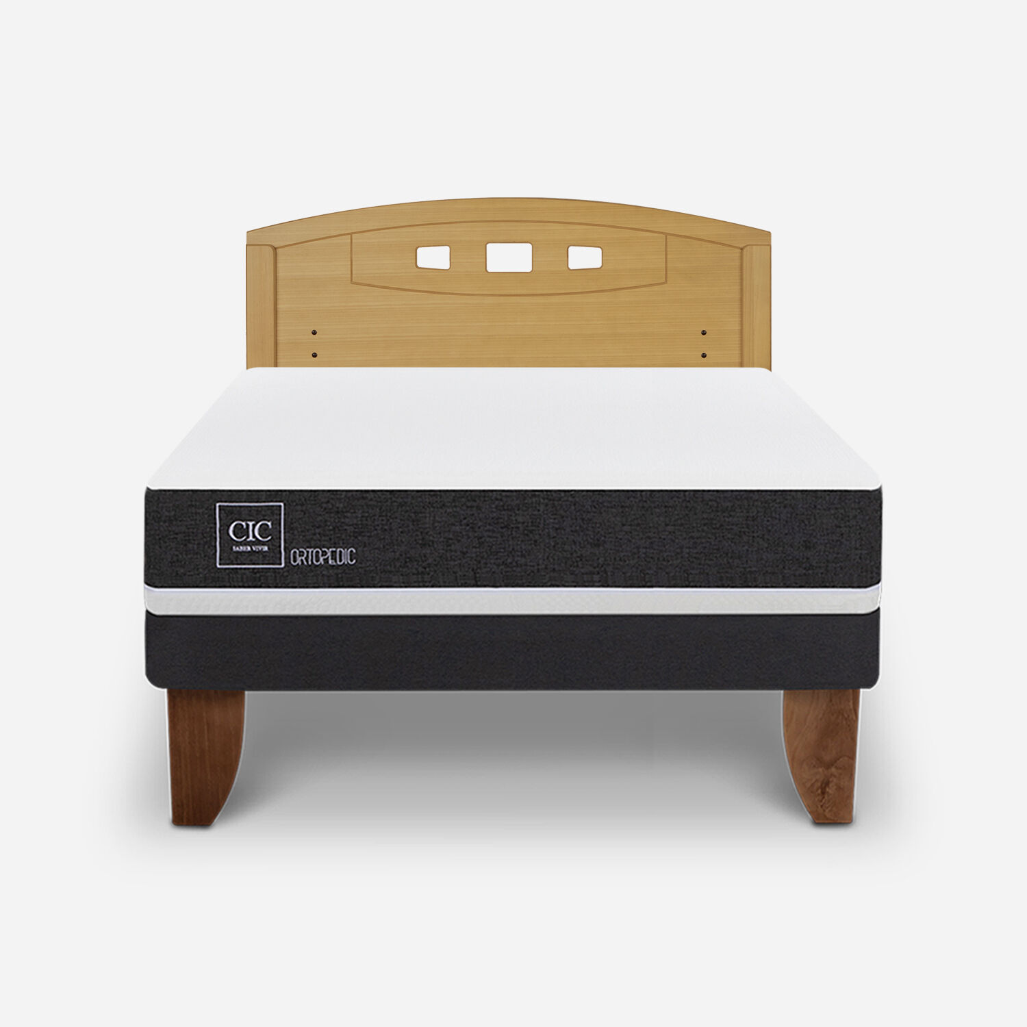 Cama Europea 2 Plazas Ortopedic Base Normal + Respaldo Gales Mostaza