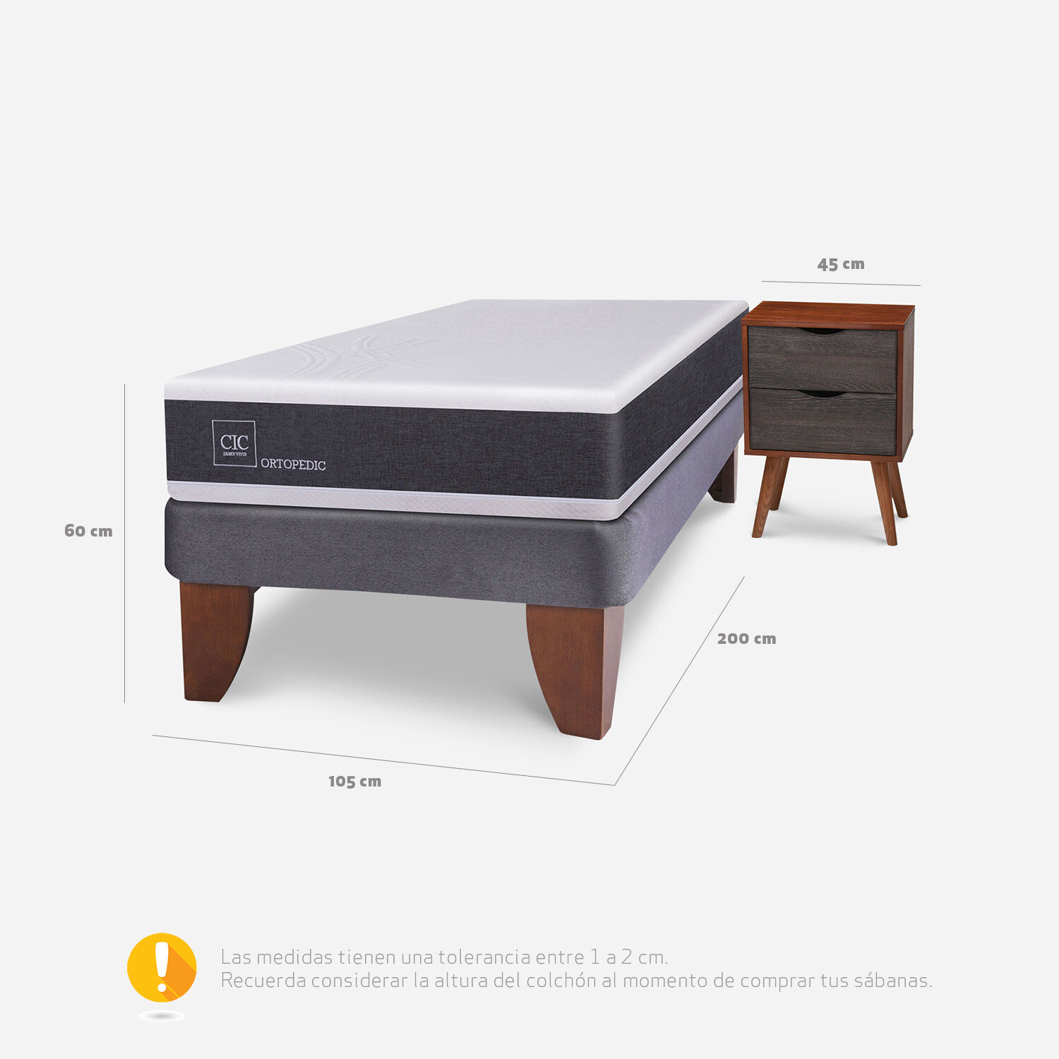 Cama Europea 1,5 Plazas Ortopedic + Velador Níger