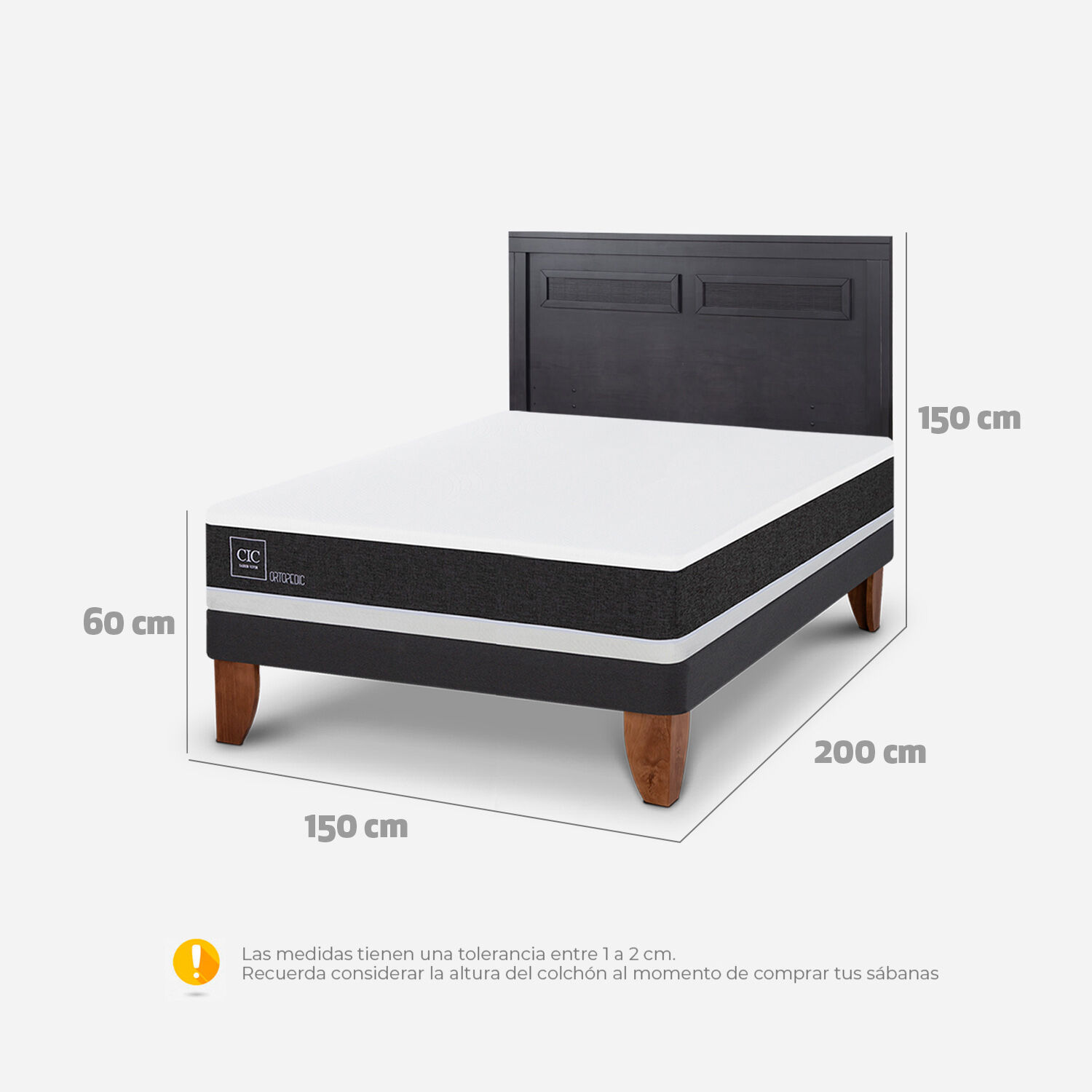 Cama Europea 2 Plazas Ortopedic Base Normal + Respaldo Milán Negro