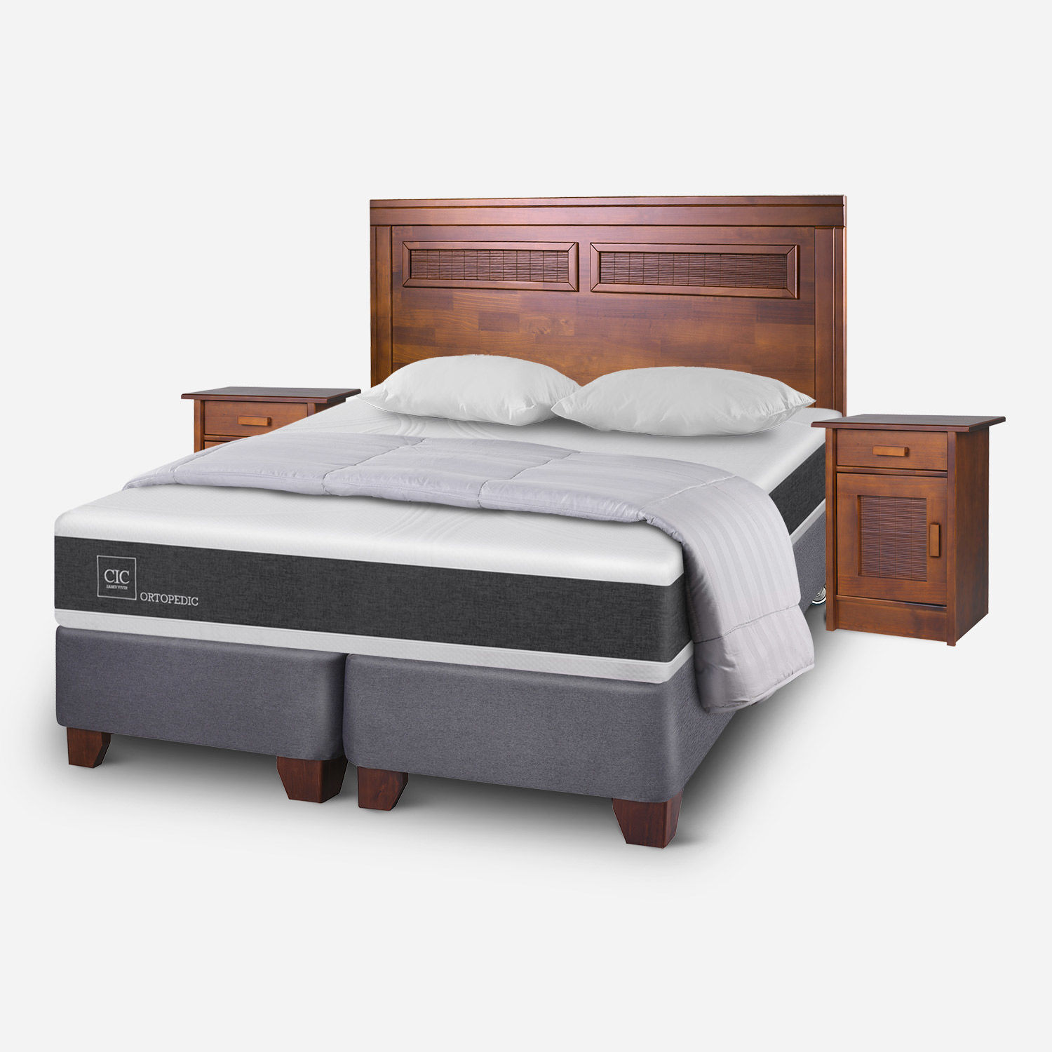 Box Spring 2 Plazas Ortopedic Base Dividida + Set Mil&aacute;n Caramel Almohadas + Plum&oacute;n Plumas