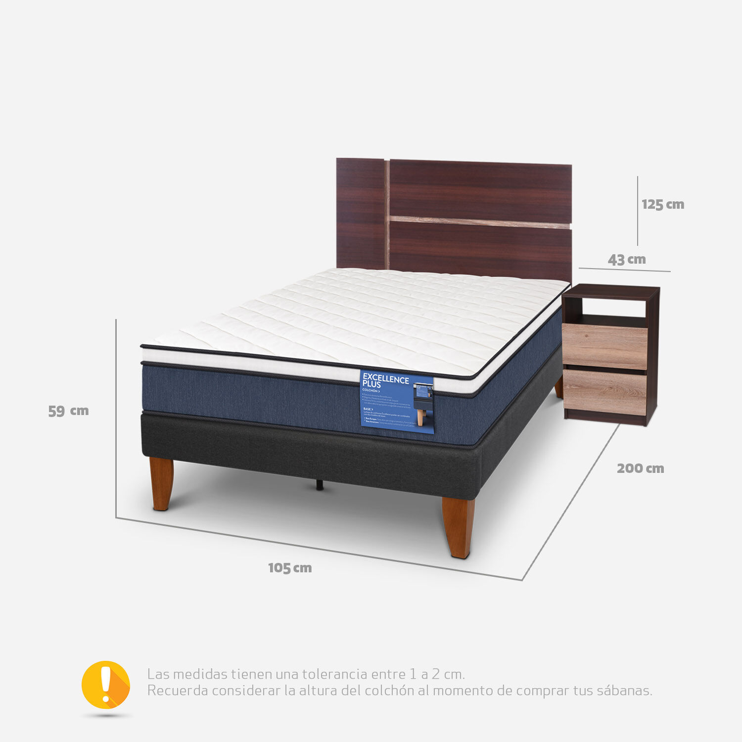 Cama Europea Curve 1,5 Plazas Excellence Plus + Set Enio