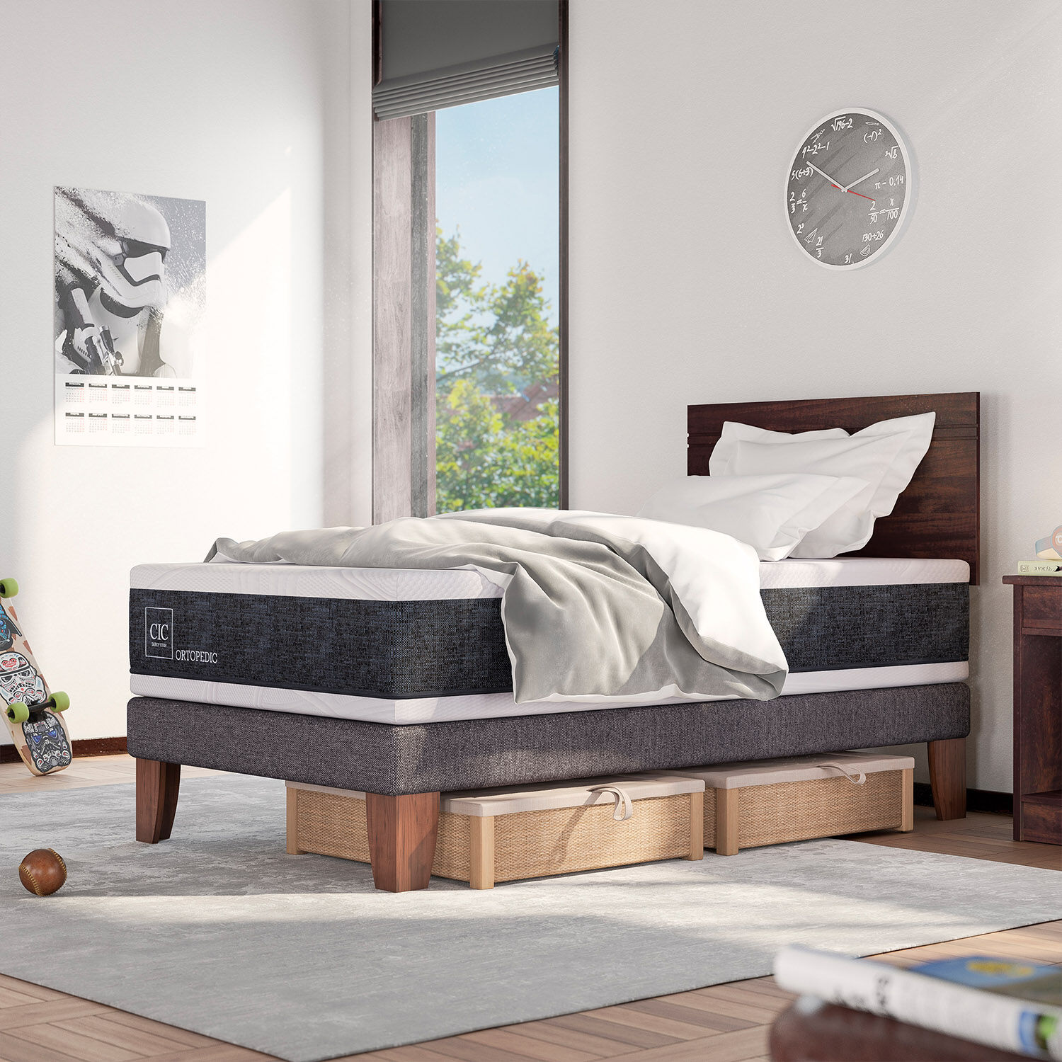 Cama Europea 1,5 Plazas Ortopedic + Velador Níger