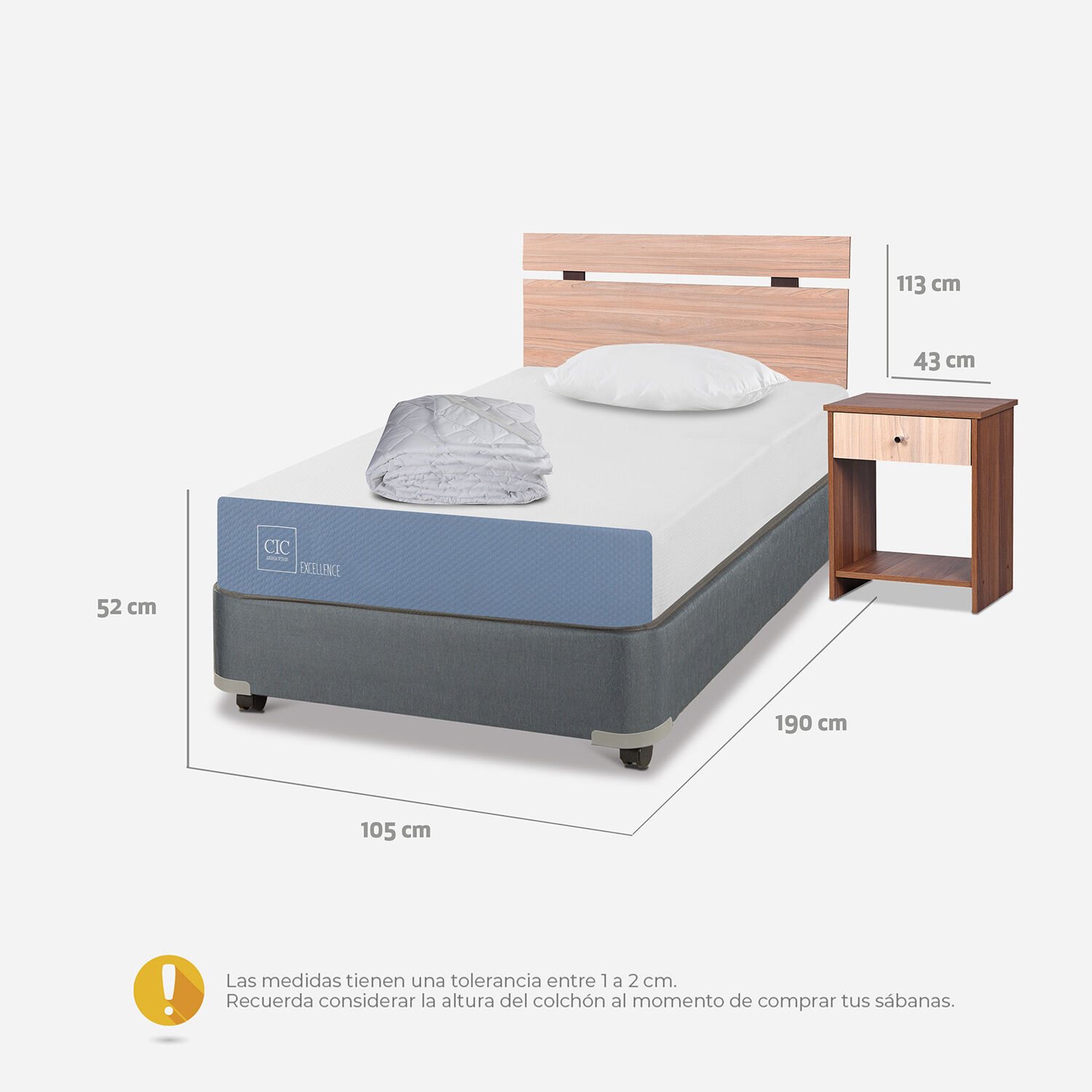 Cama Americana 1,5 Plazas Excellence + Set Olmo + Almohada + Plum&oacute;n