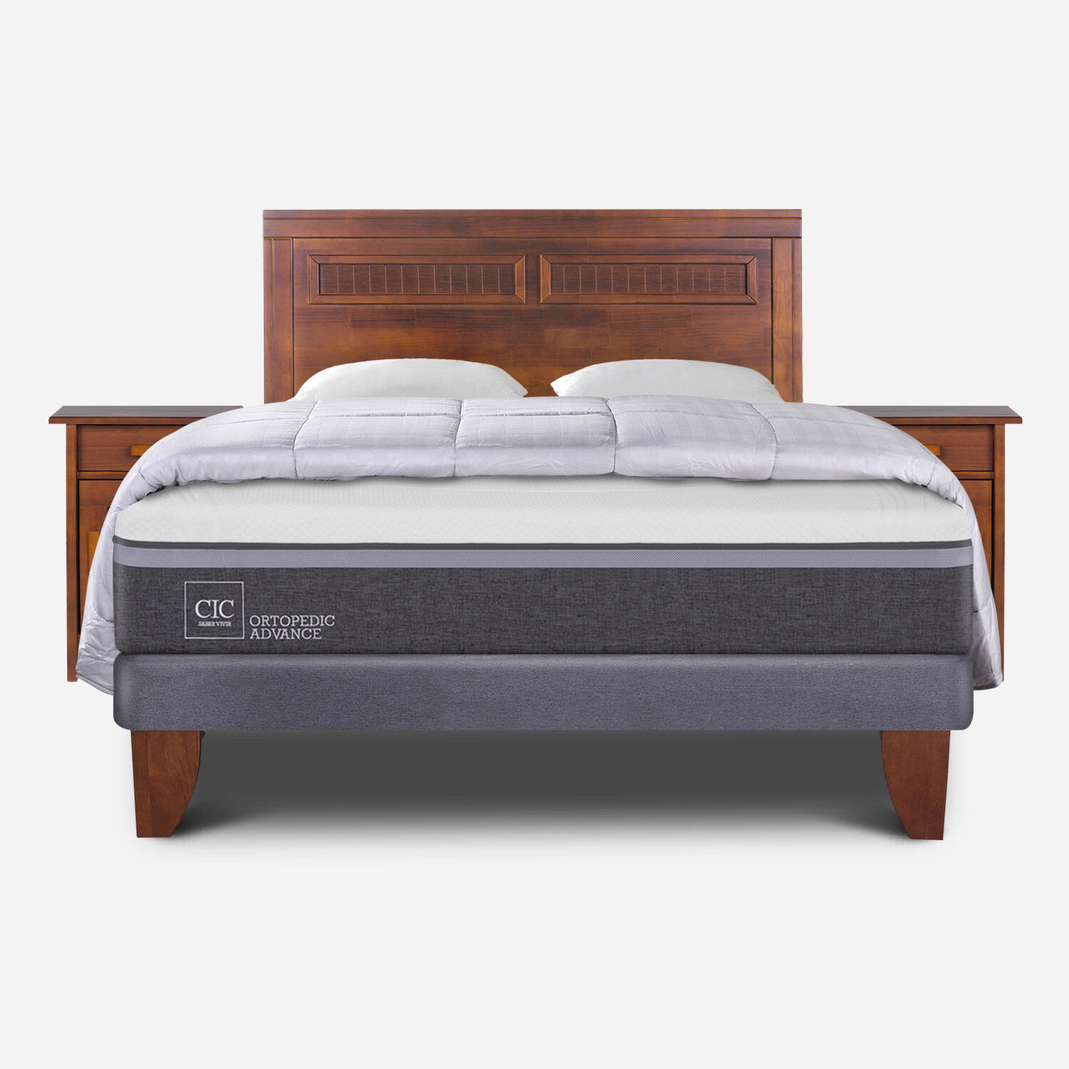 Cama Europea 2 Plazas Ortopedic Advance Base Normal + Set Milán Caramel + Almohadas + Plumón