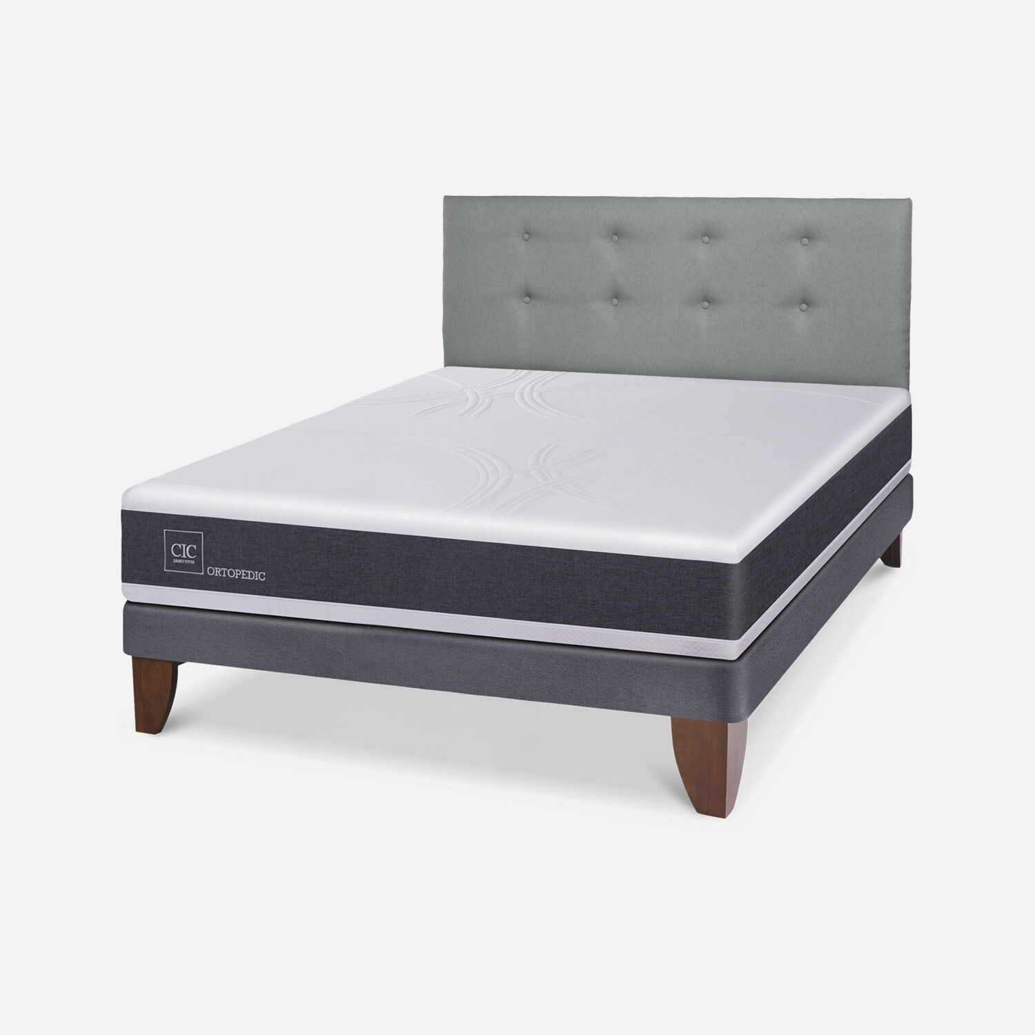 Cama Europea 2 Plazas New Ortopedic Base Normal + Respaldo Tapizado Gris