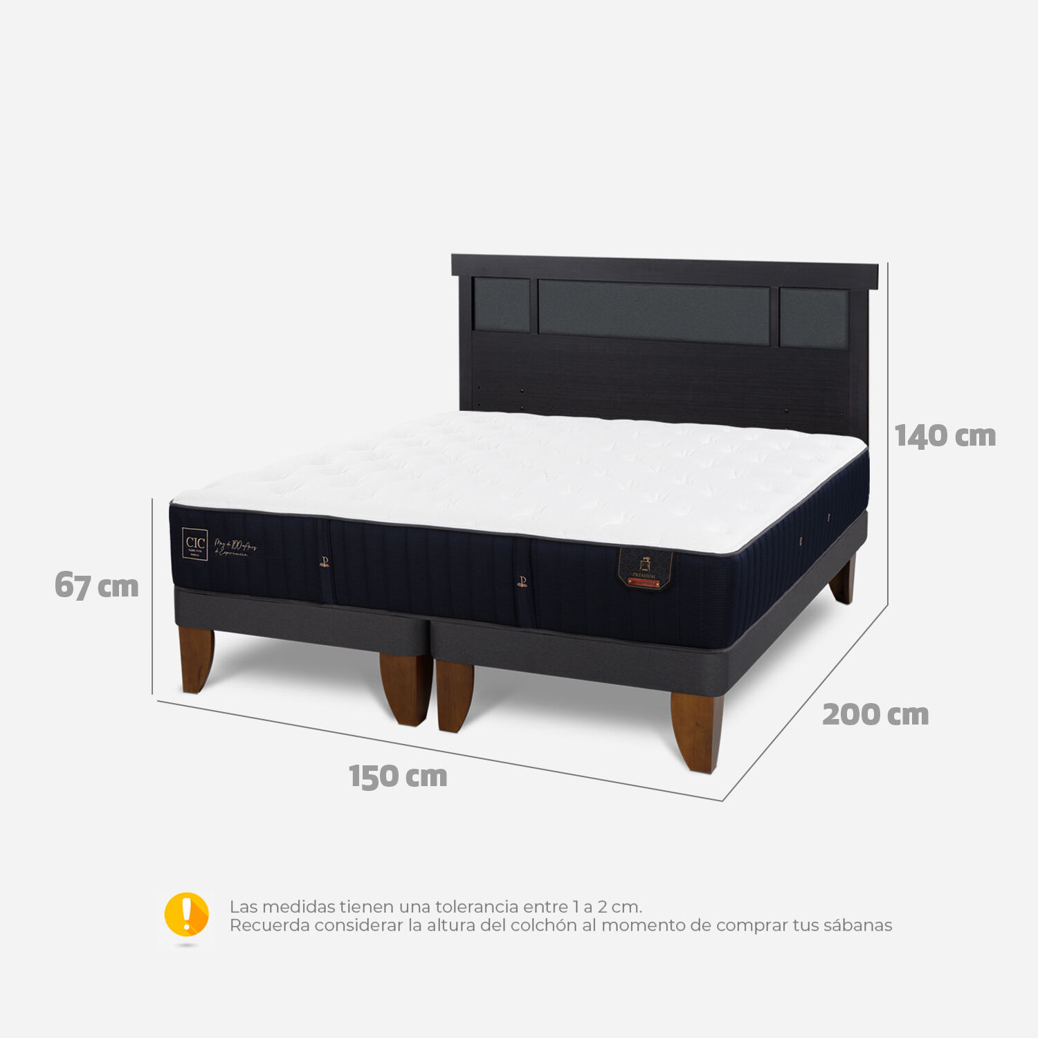 Cama Europea 2 Plazas Premium Base Dividida Respaldo Dublin Negro CIC