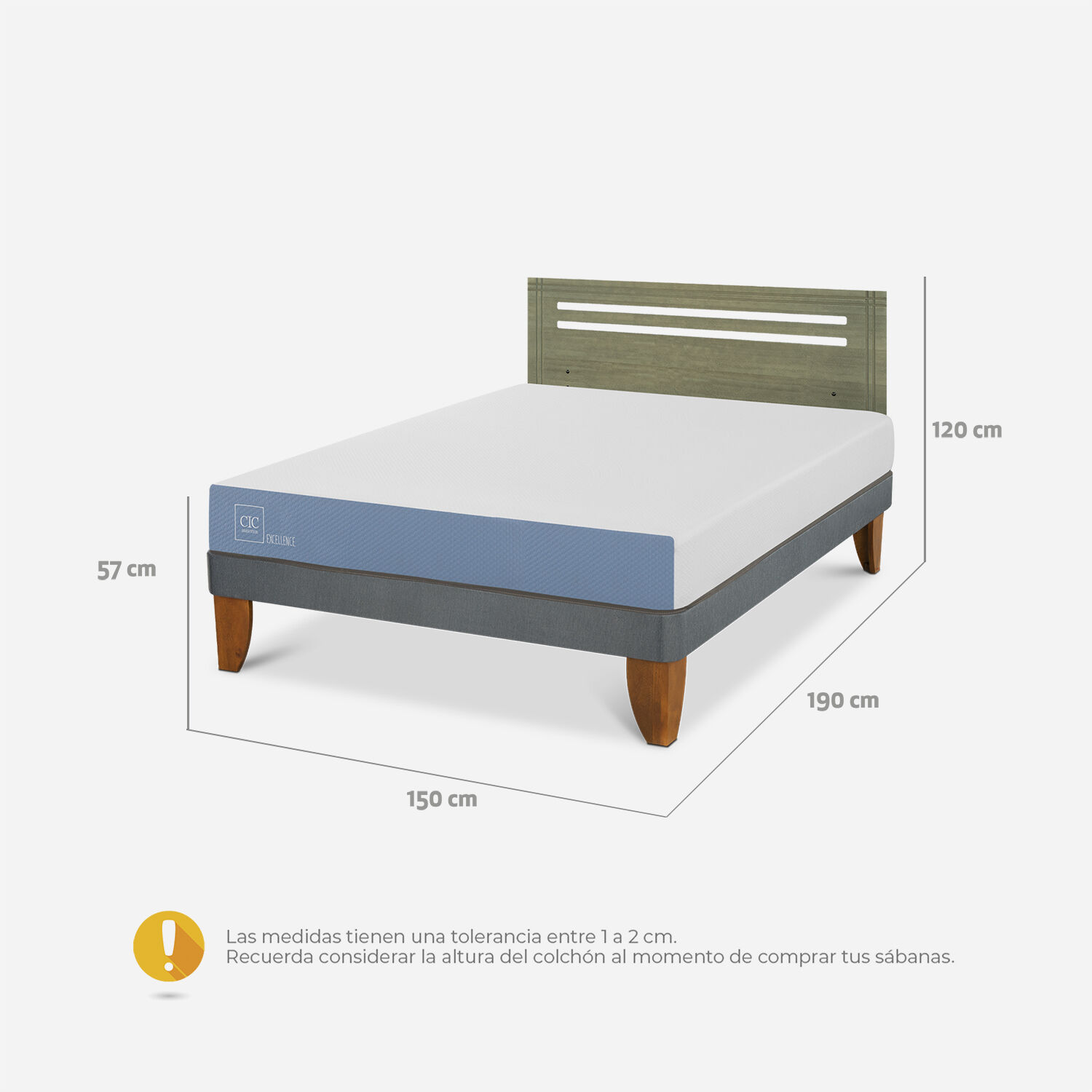 Cama Europea 2 Plazas Excellence Base Normal + Respaldo Múnich Olivo