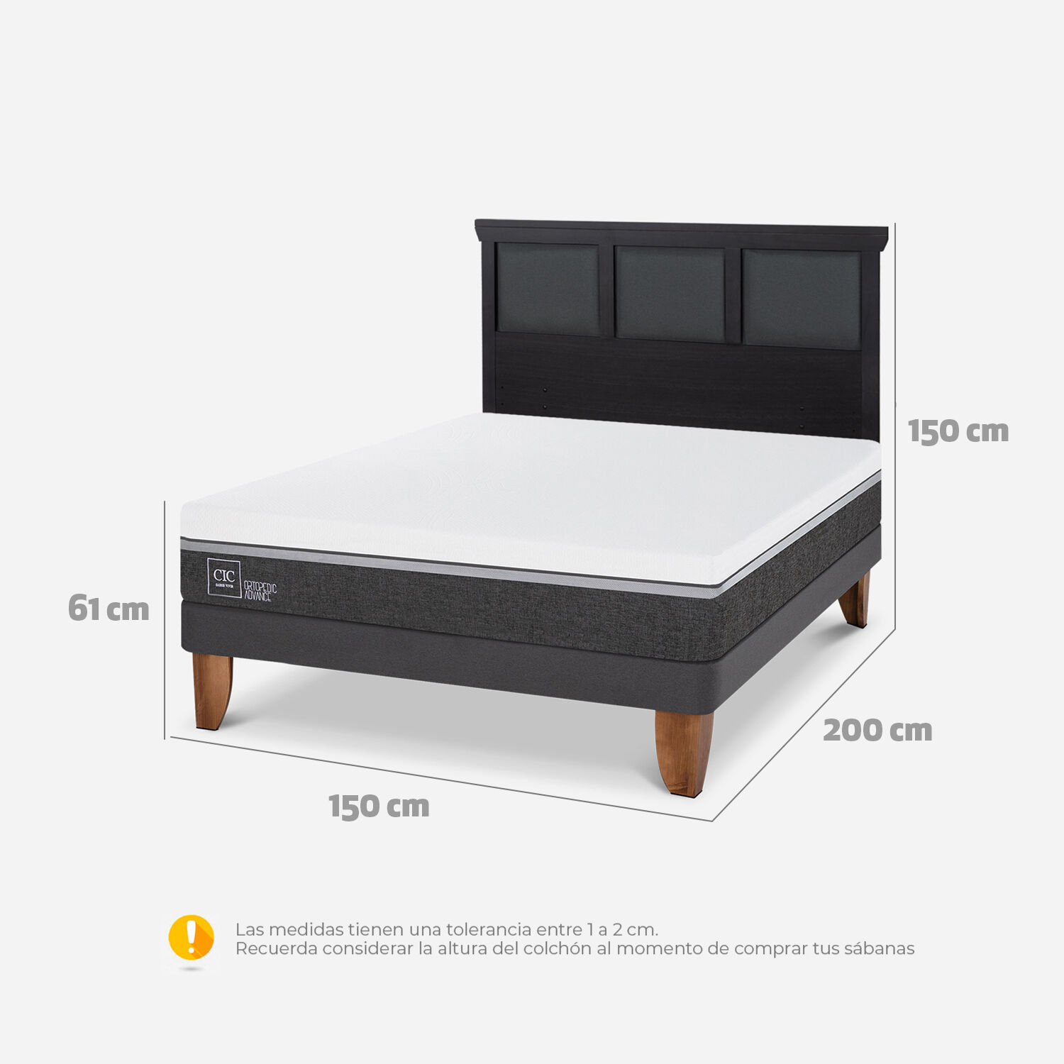 Cama Europea 2 Plazas Ortopedic Advance Base Normal + Respaldo Torino Negro