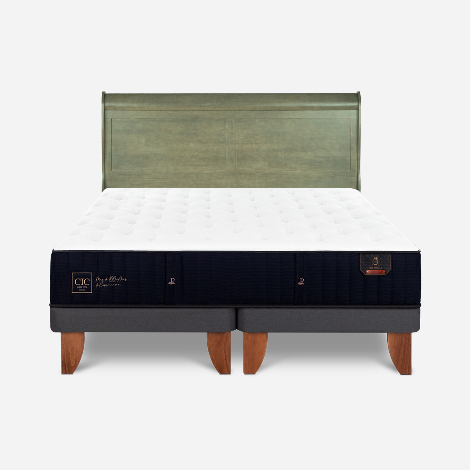 Cama Europea 2 Plazas Premium Base Dividida + Respaldo Mir&oacute; Olivo