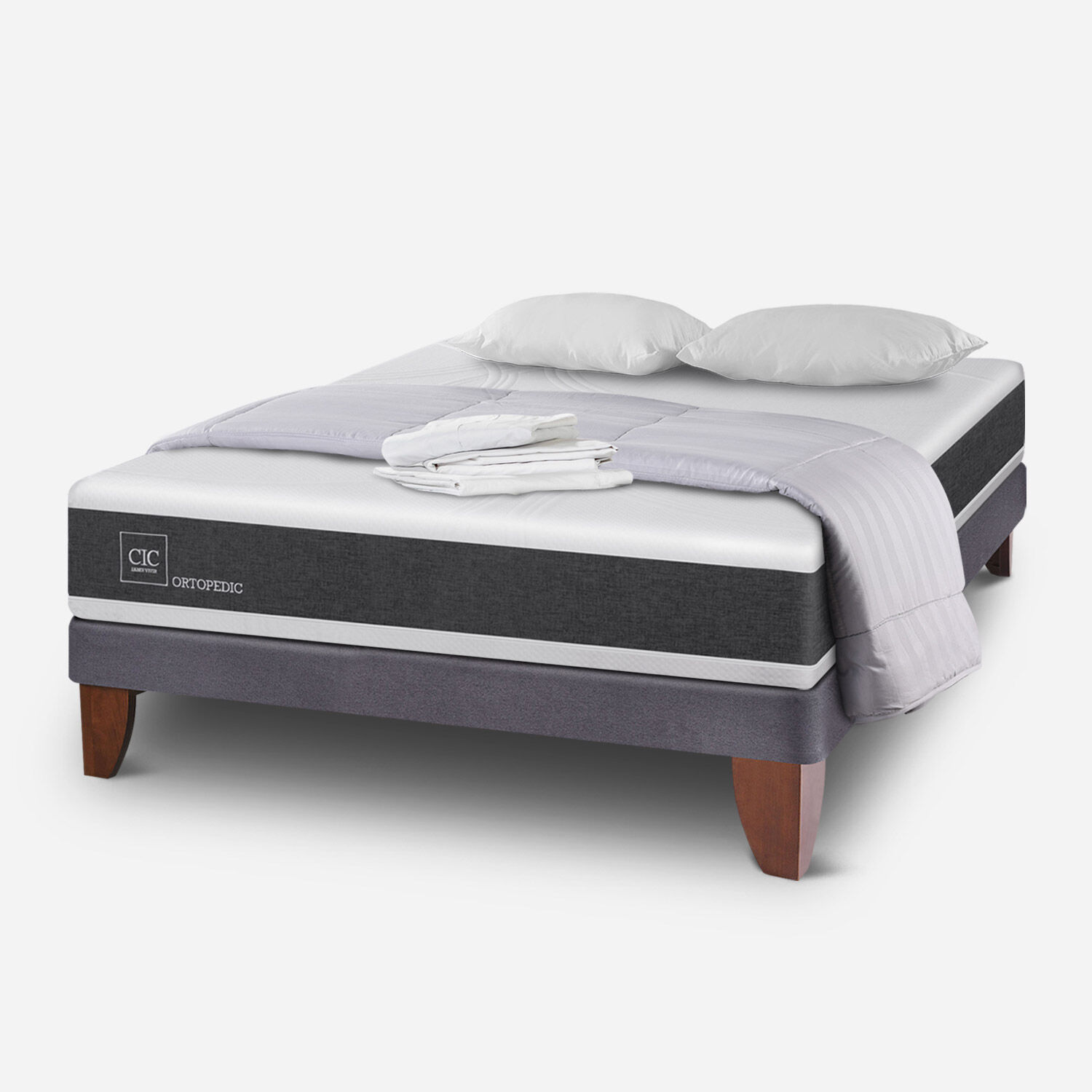 Cama Europea 2 Plazas Ortopedic Base Normal + Almohadas + Plum&oacute;n