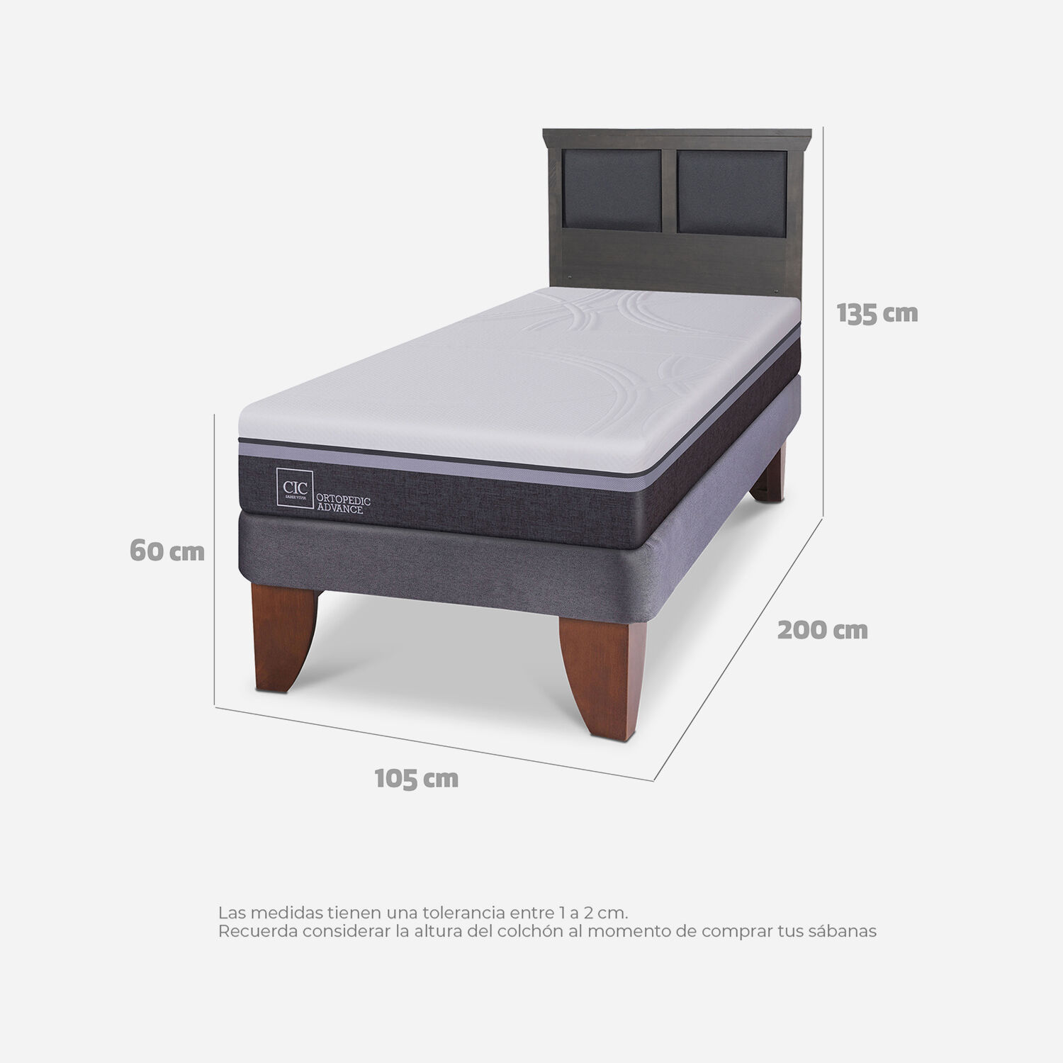 Cama Europea 1,5 Plazas Ortopedic Advance + Respaldo Torino Gris