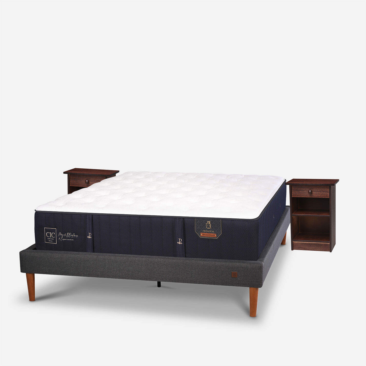 Cama Europea Curve 2 Plazas Premium + Veladores Dubl&iacute;n Chocolate