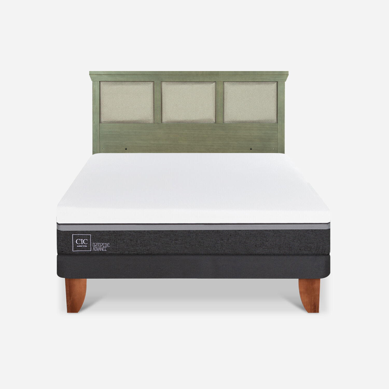 Cama Europea 2 Plazas Ortopedic Advance Base Normal + Respaldo Torino Olivo