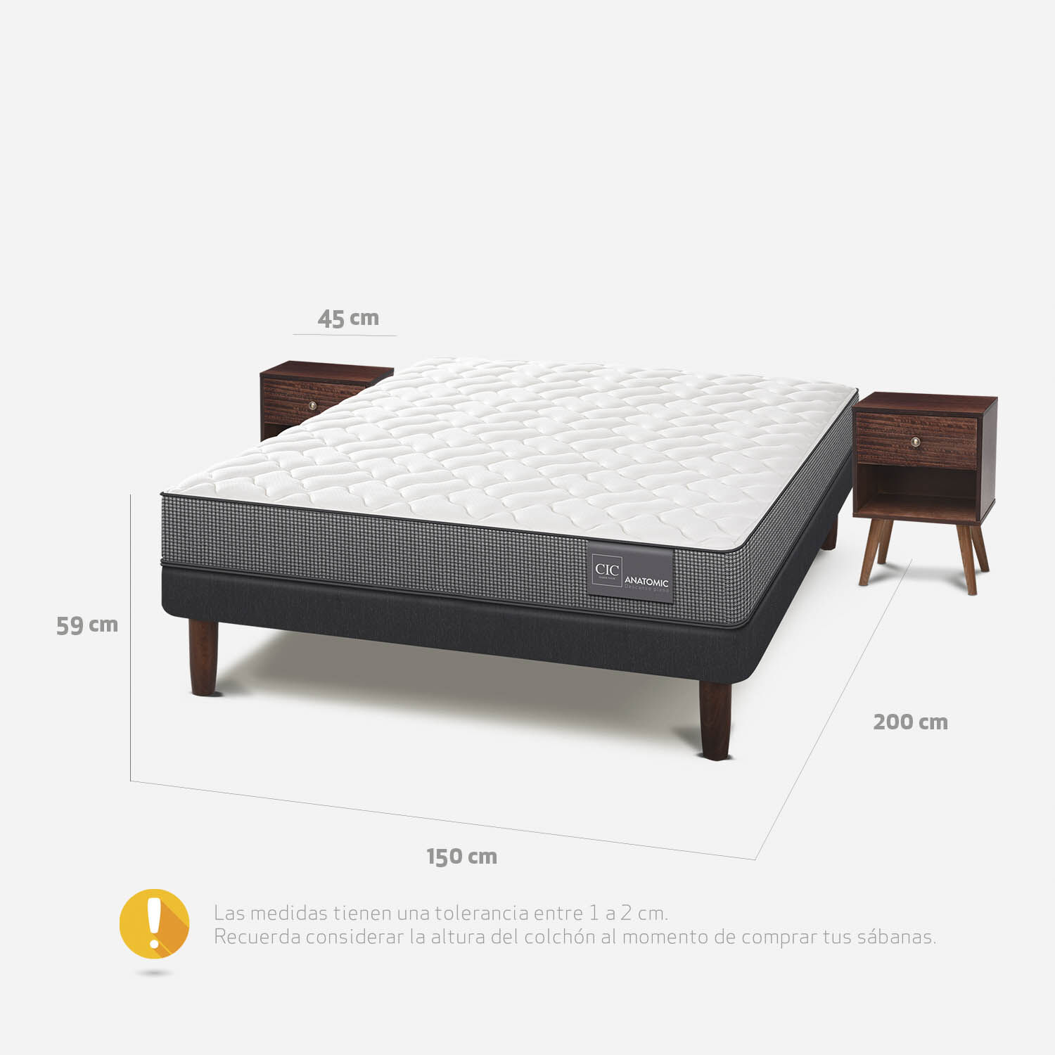 Cama Europea 2 Plazas Base Normal Anatomic + Veladores Múnich