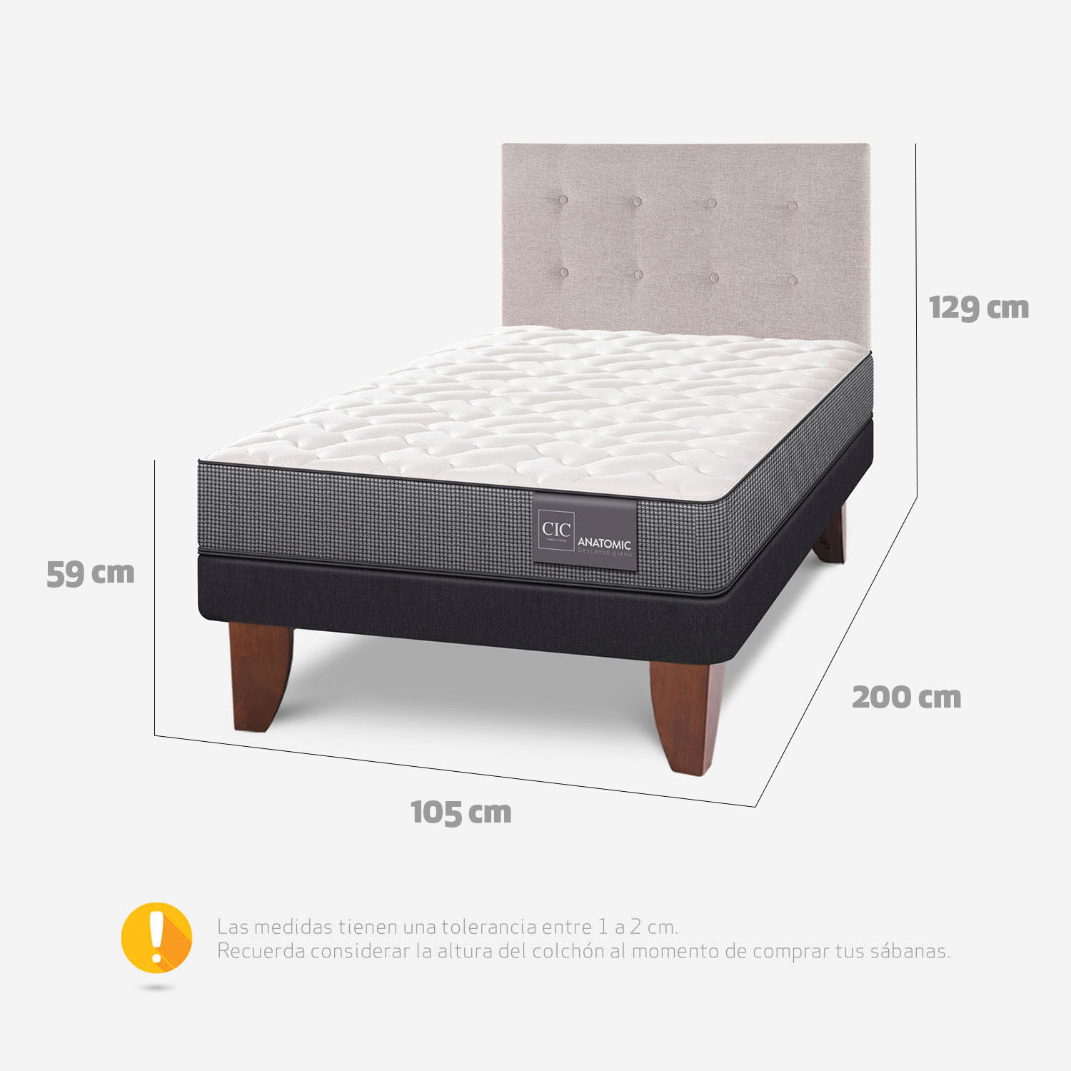 Cama Europea 1,5 Plazas Anatomic + Respaldo Tigris
