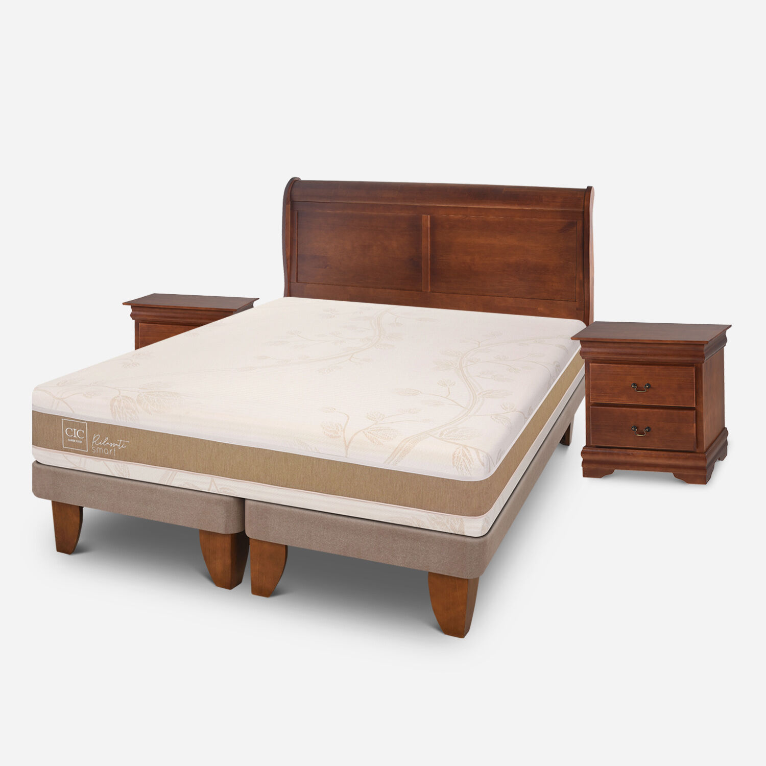 Cama Europea 2 Plazas Rilassati Infinity Base Dividida + Set Mir&oacute; Caramel