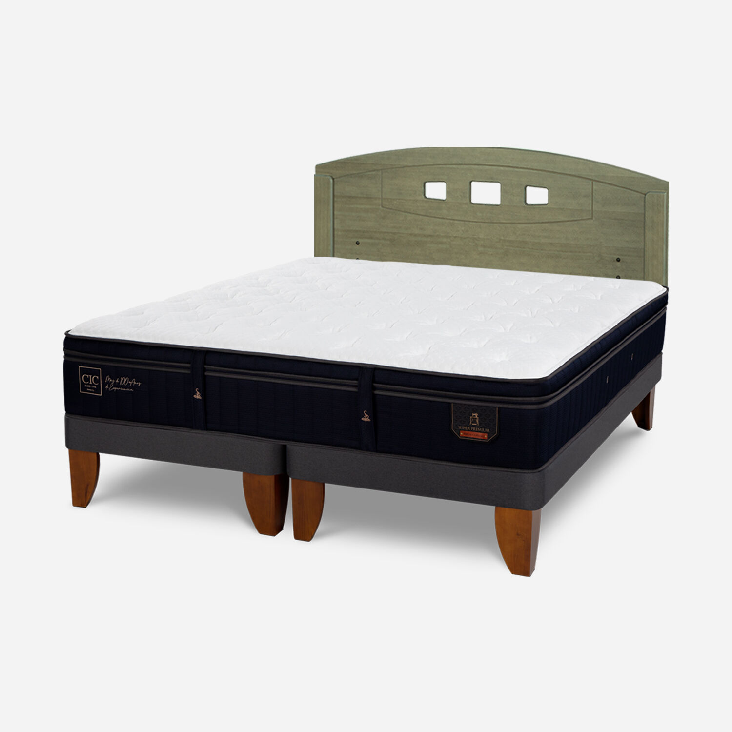 Cama Europea 2 Plazas Super Premium Base Dividida + Respaldo Gales Olivo