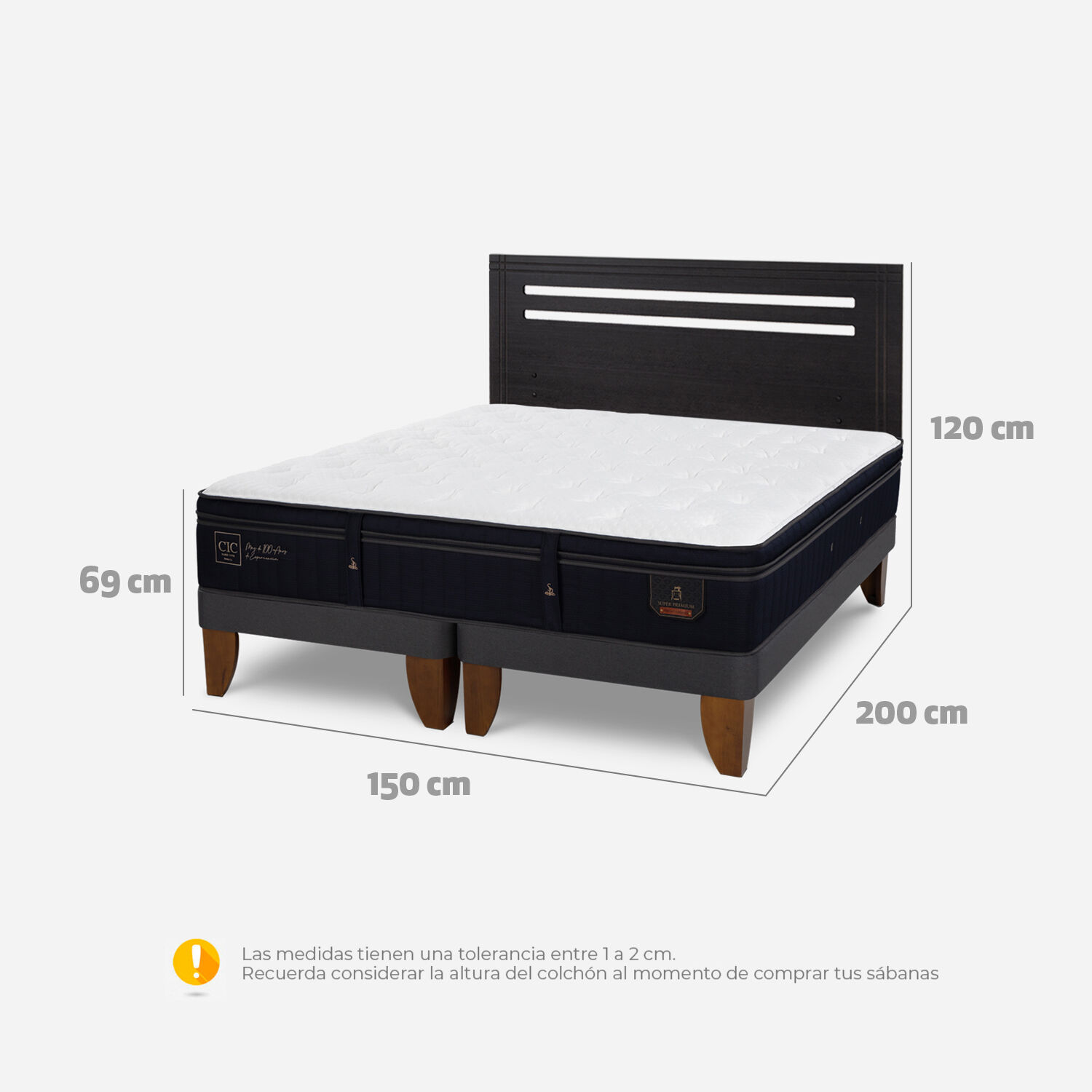Cama Europea 2 Plazas Super Premium Base Dividida + Respaldo Múnich Negro