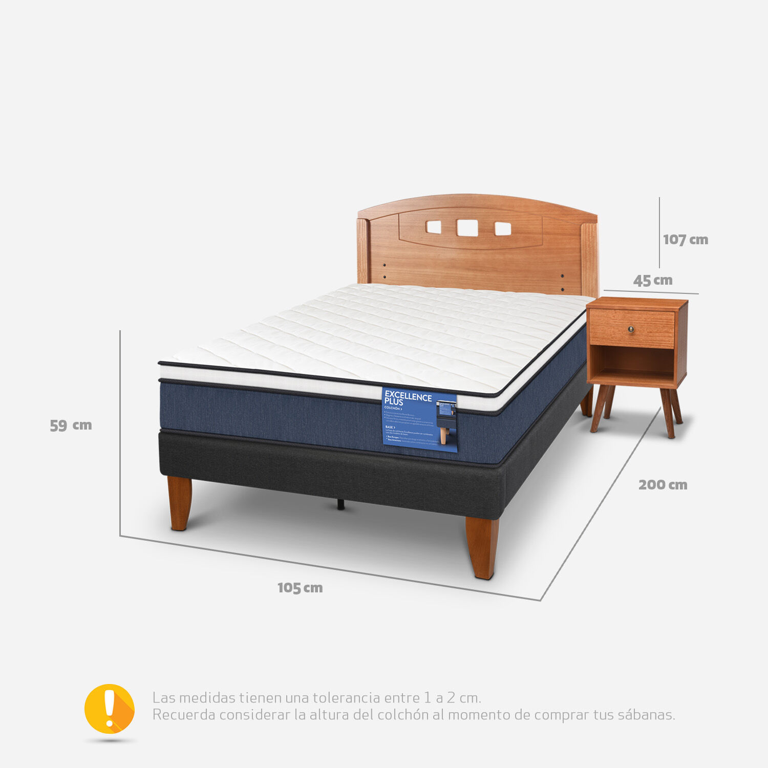 Cama Europea Curve 1,5 Plazas Excellence Plus + Set Gales Caramel