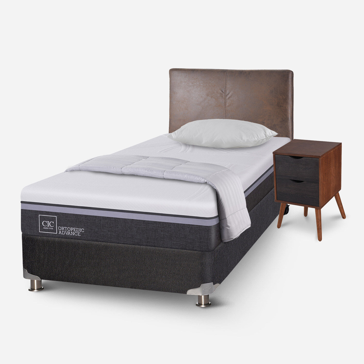 Box Spring 1,5 Plazas Ortopedic Advance 5 Zonas + Almohada + Plum&oacute;n + Set Baker