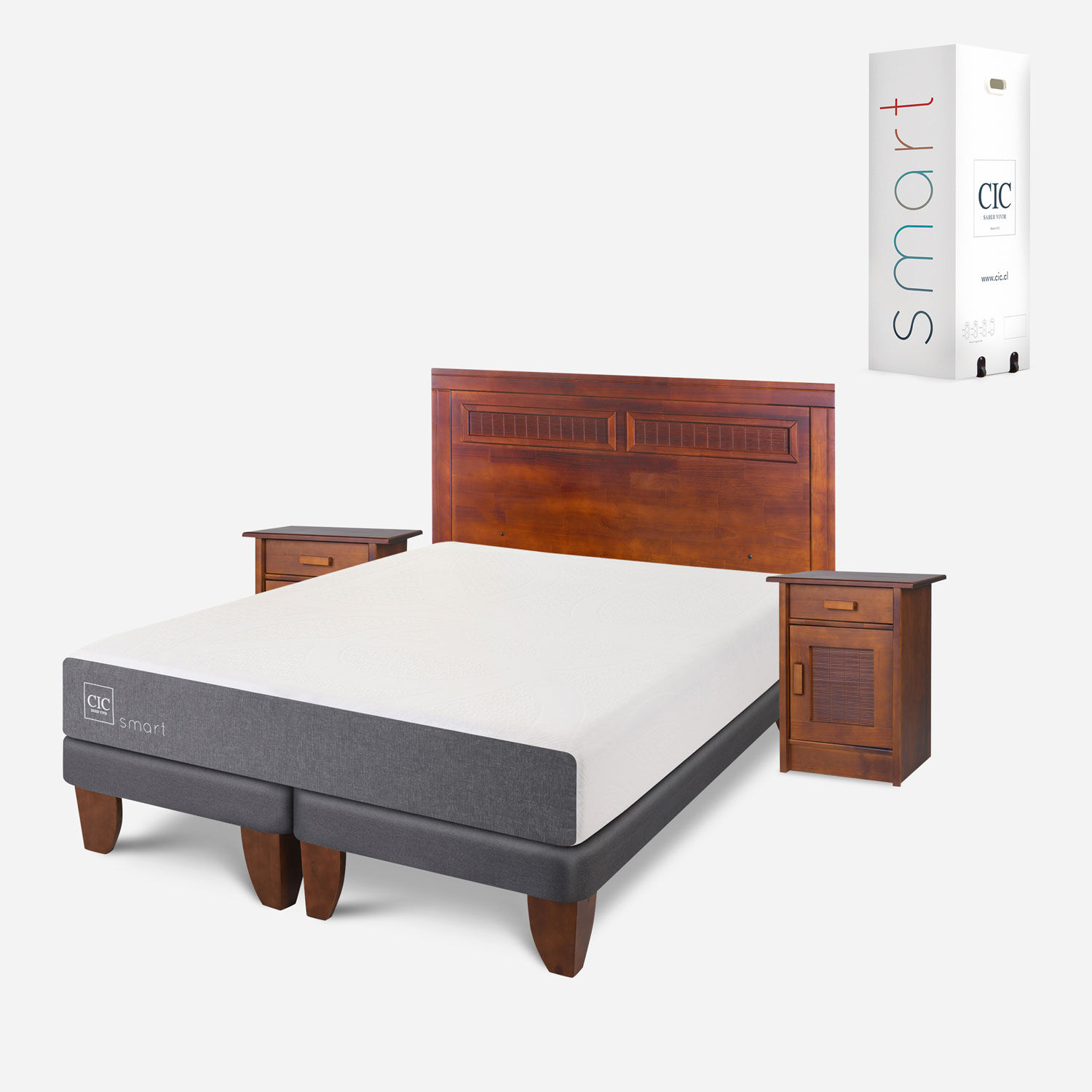 Cama Europea 2 Plazas Smart Base Dividida + Set Milán Caramel