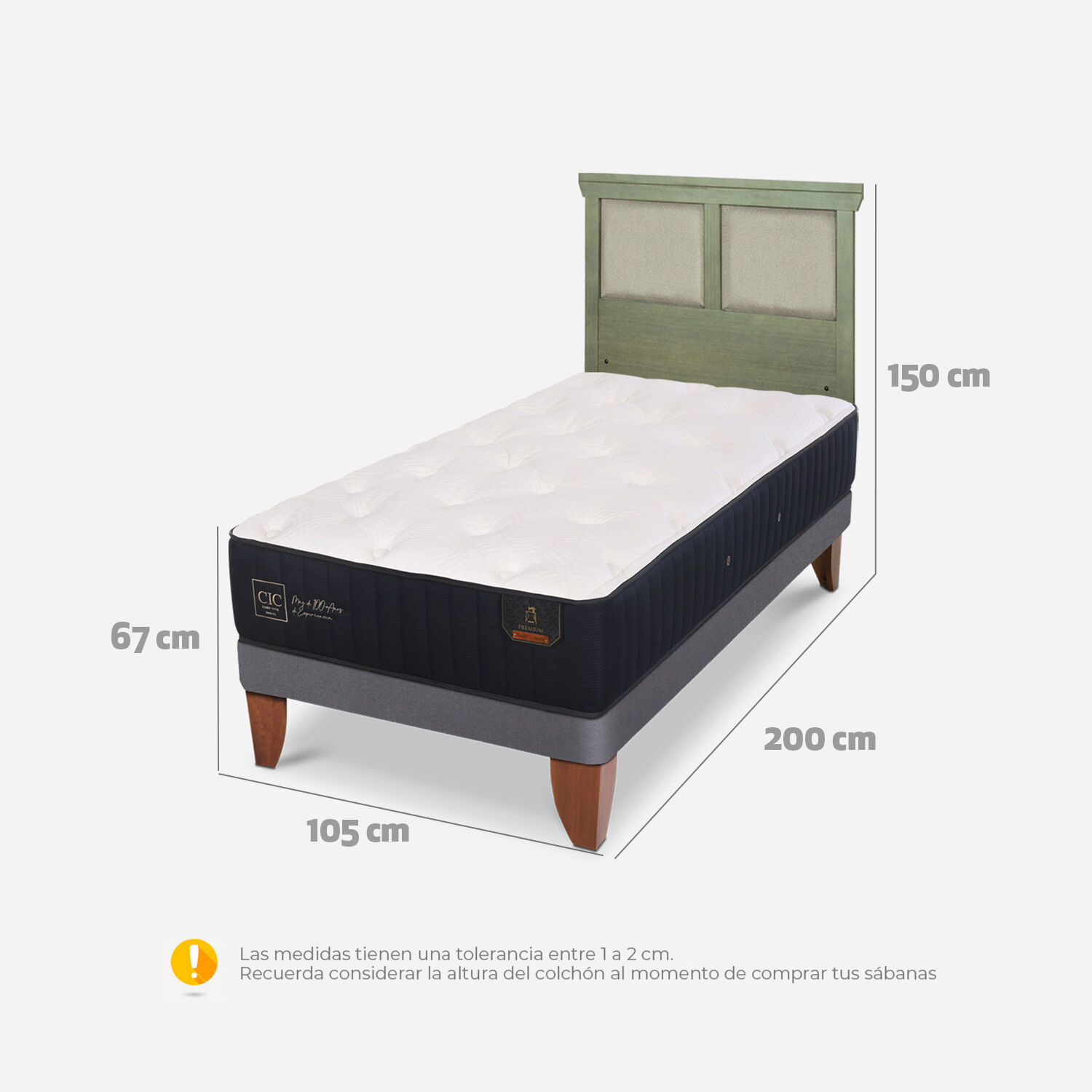 Cama Europea 1,5 Plazas Premium + Respaldo Torino Olivo