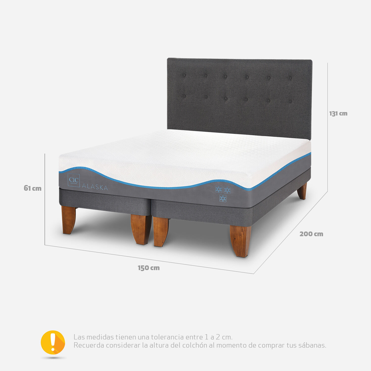 Cama Europea 2 Plazas Alaska Base Dividida + Respaldo &Eacute;ufrates
