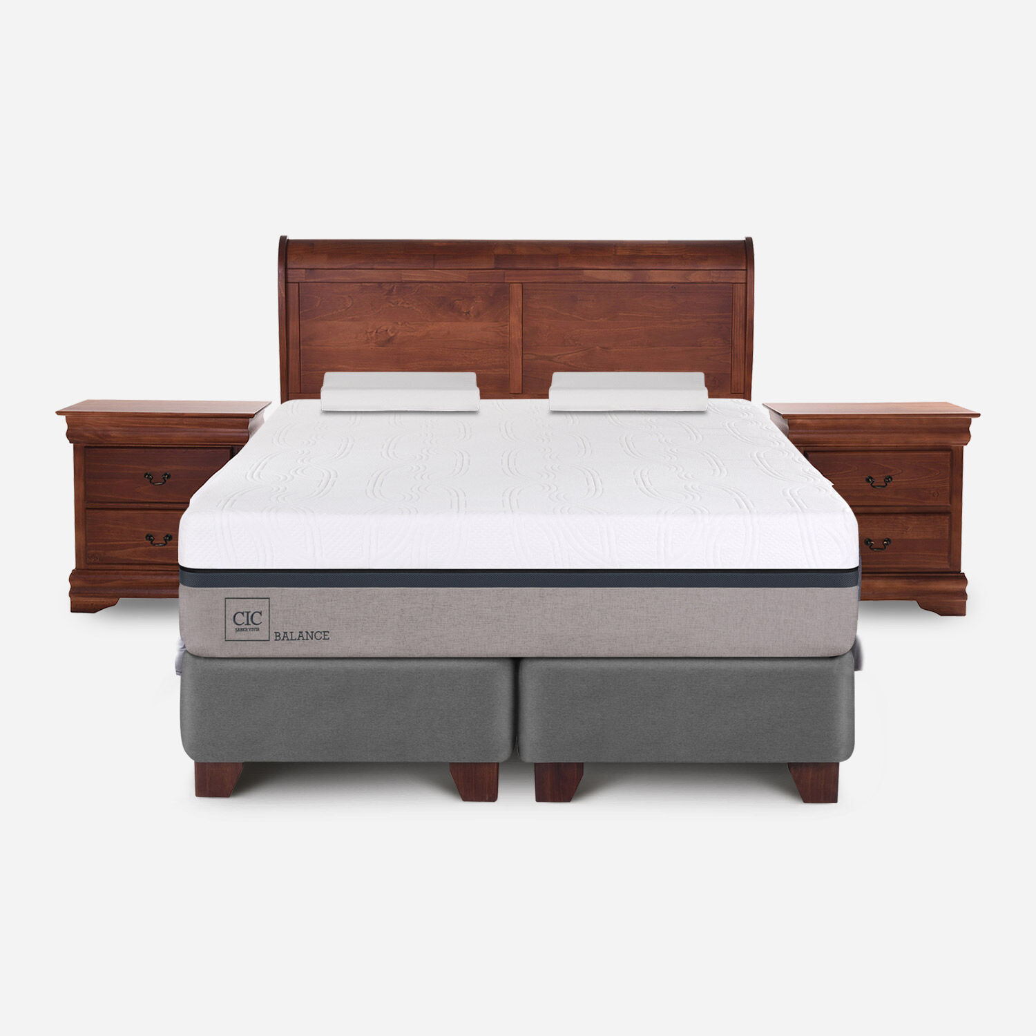 Box Spring King Balance + Almohadas Viscoel&aacute;sticas + Set Mir&oacute; Caramel