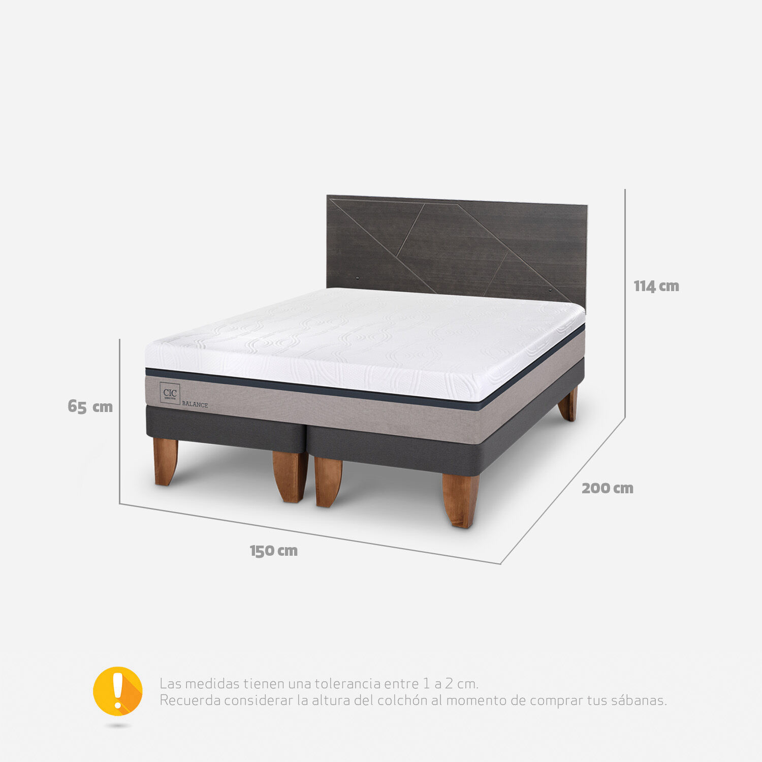 Cama Europea 2 Plazas Balance Base Dividida + Respaldo Villarrica Gris