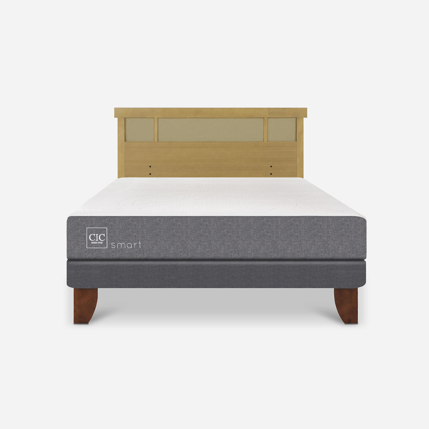 Cama Europea 2 Plazas Smart Base Normal + Respaldo Dublín Mostaza