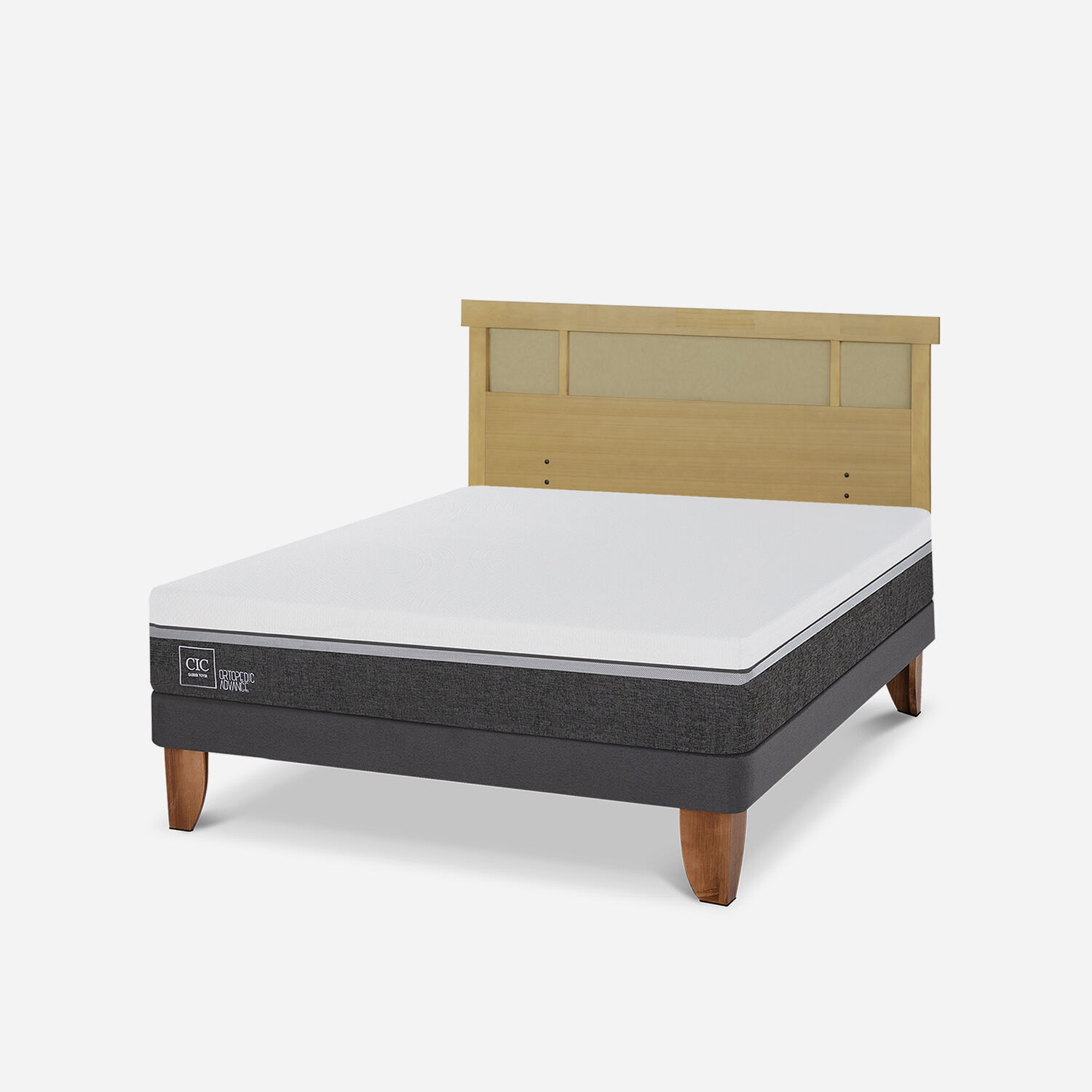 Cama Europea 2 Plazas Ortopedic Advance Base Normal + Respaldo Dublín Mostaza