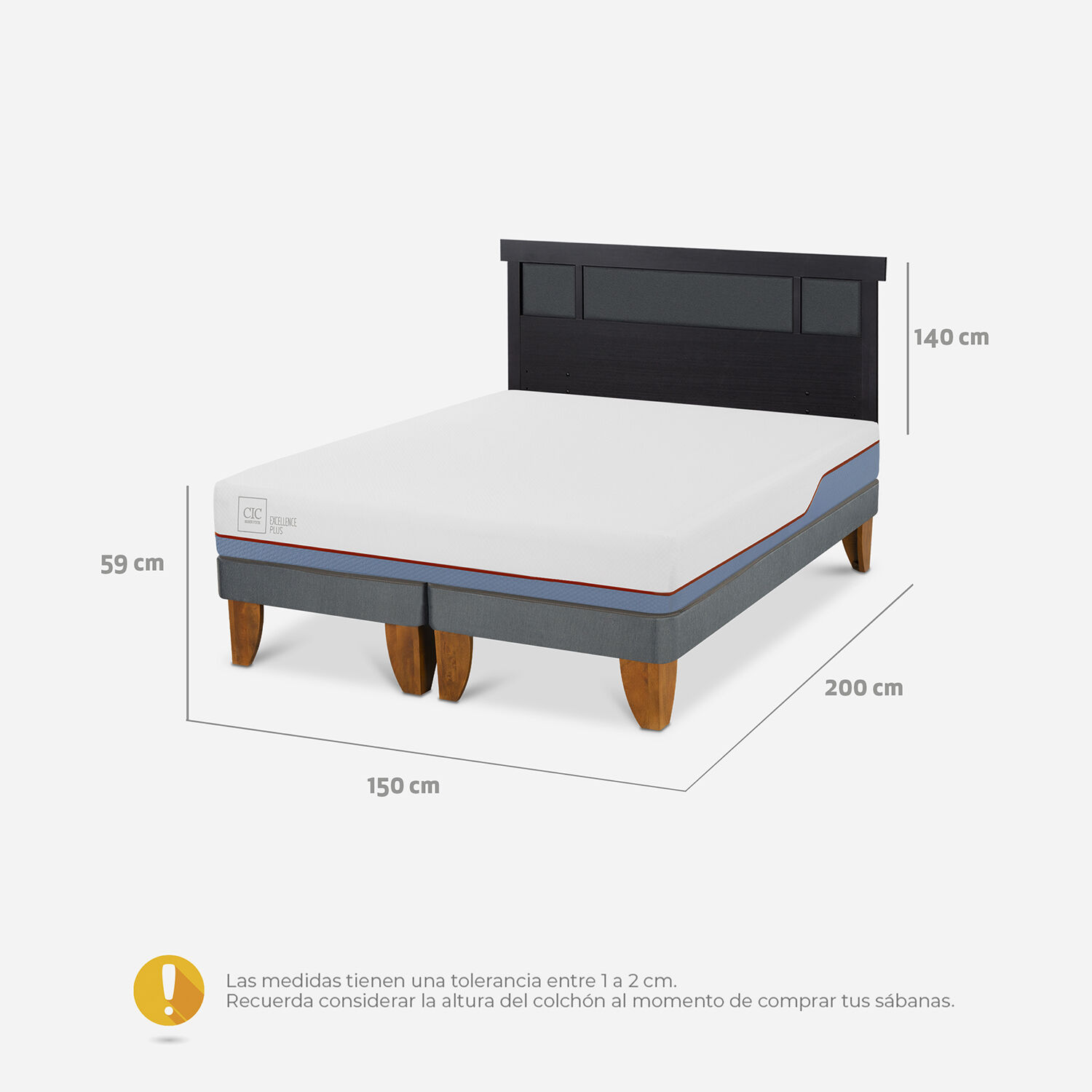 Cama Europea 2 Plazas Excellence Plus Base Dividida + Respaldo Dubl&iacute;n Negro
