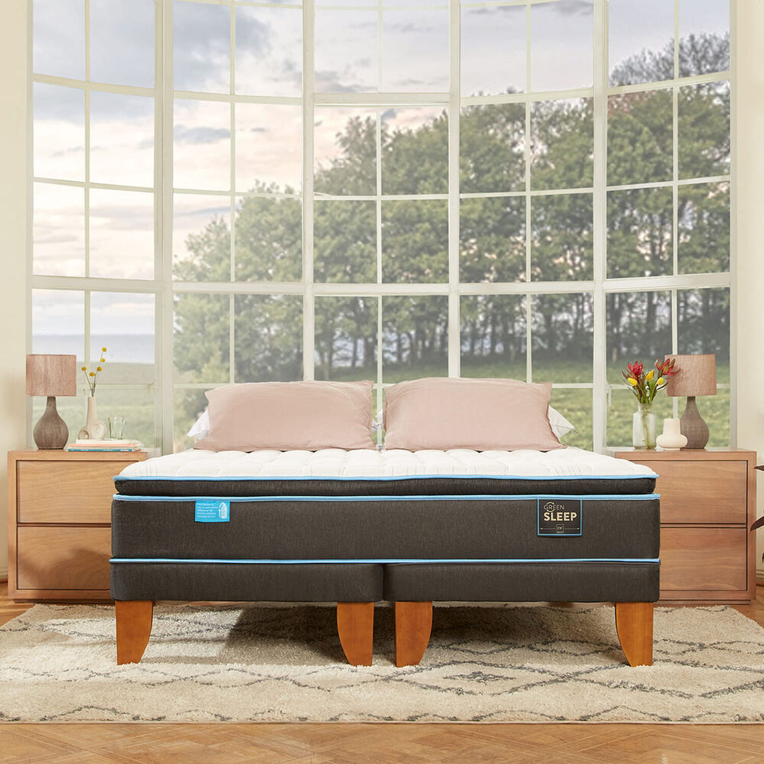 Cama Europea 2 Plazas Green Sleep Base Dividida + Set Torino Caramel