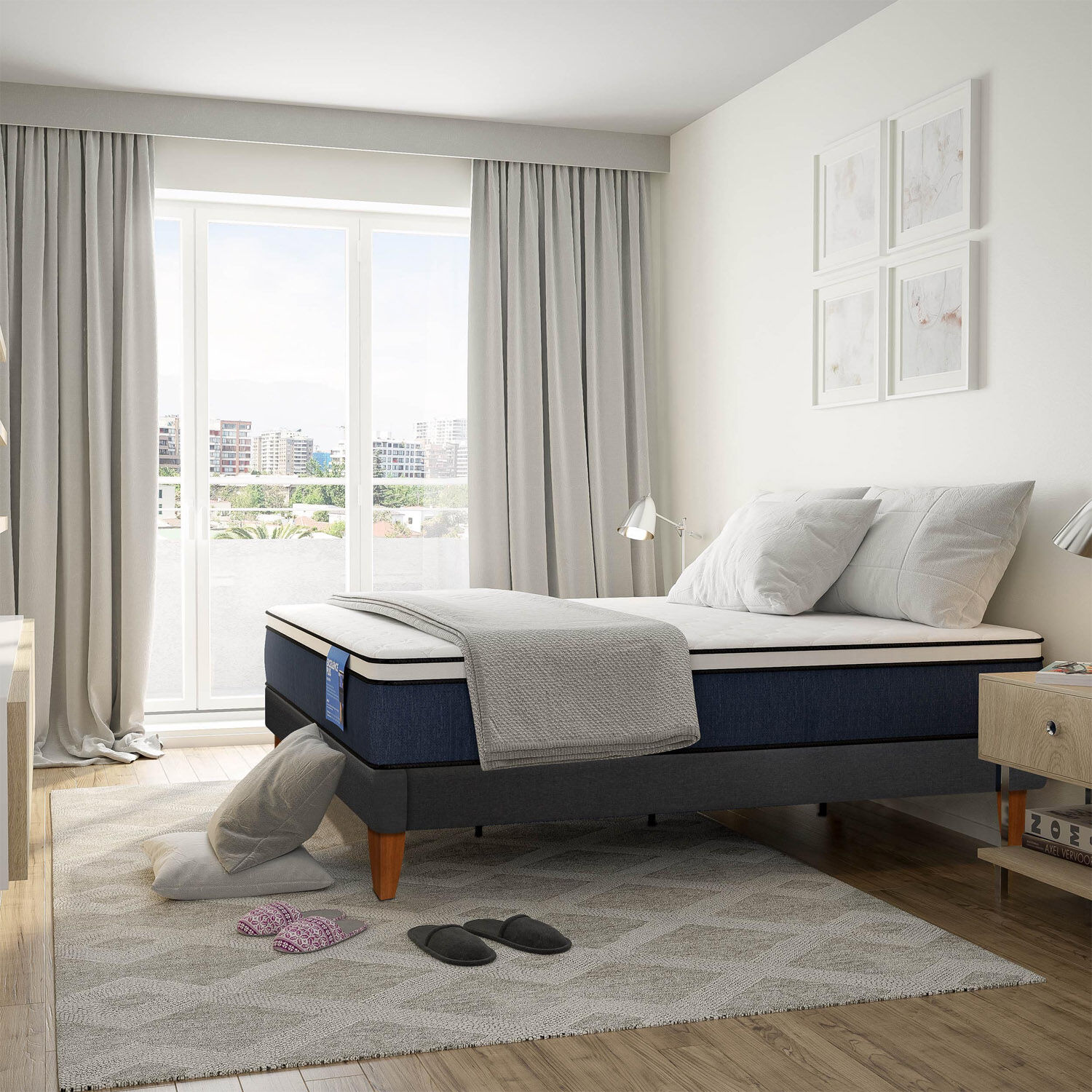 Cama Europea Curve 1,5 Plazas Excellence Plus + Plum&oacute;n + Almohada