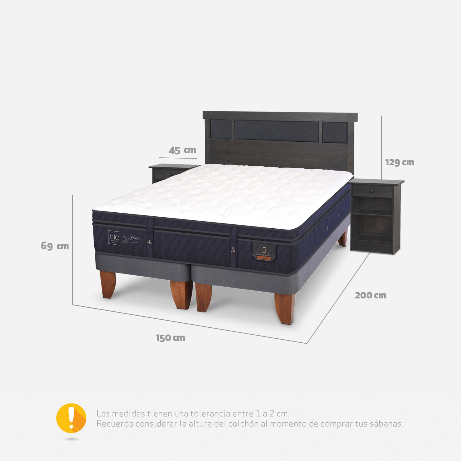 Cama Europea 2 Plazas Super Premium Base Dividida + Set Dublín Gris