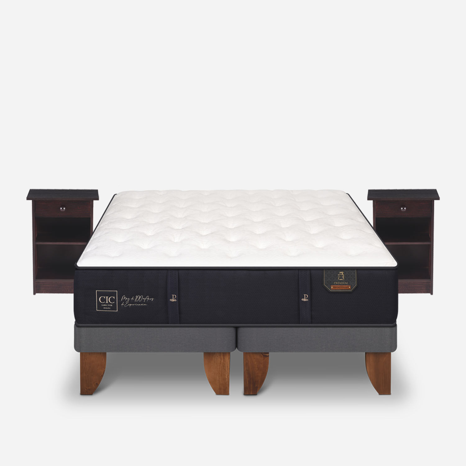 Cama Europea 2 Plazas Premium Base Dividida + Veladores Dublín Chocolate