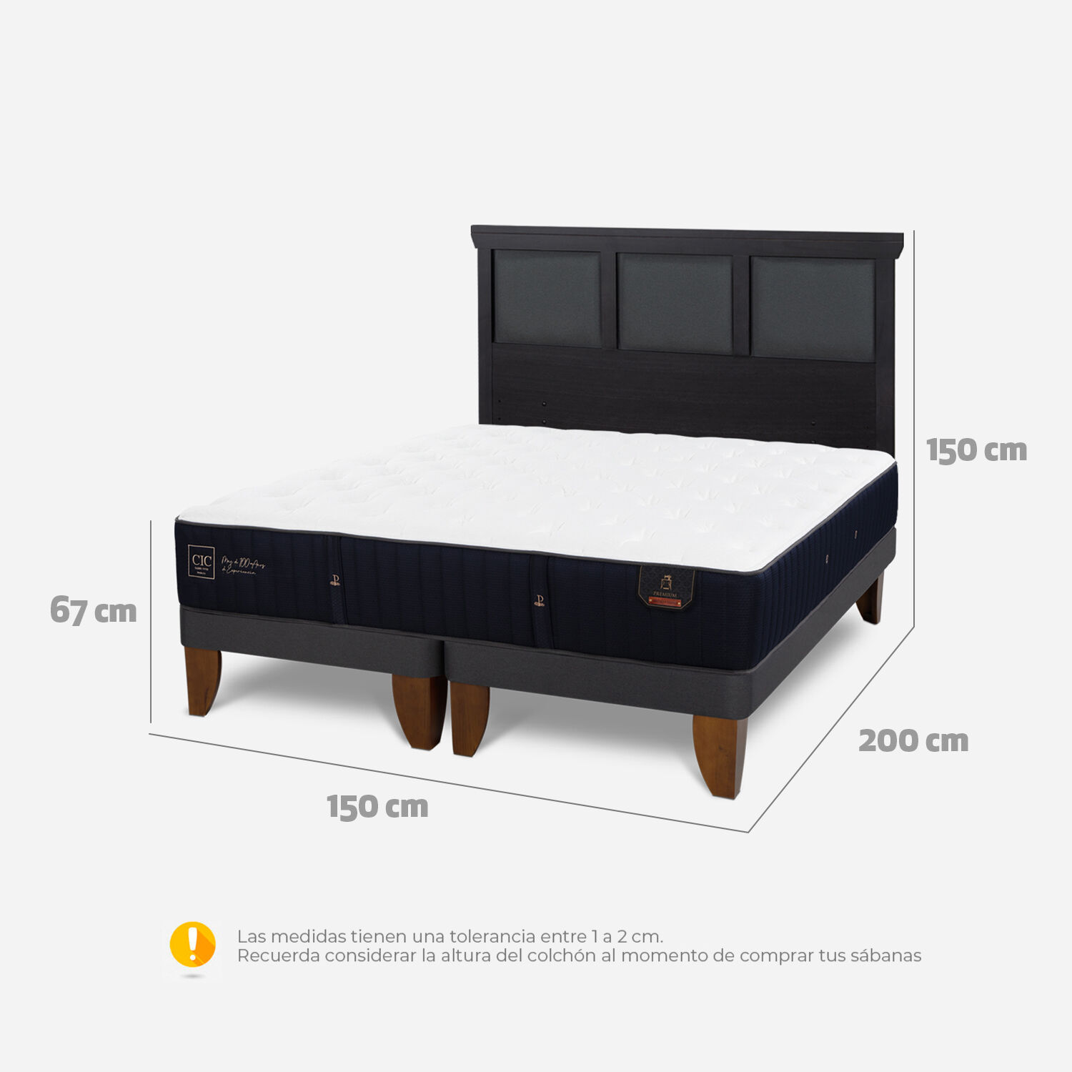 Cama Europea 2 Plazas Premium Base Dividida + Respaldo Torino Negro